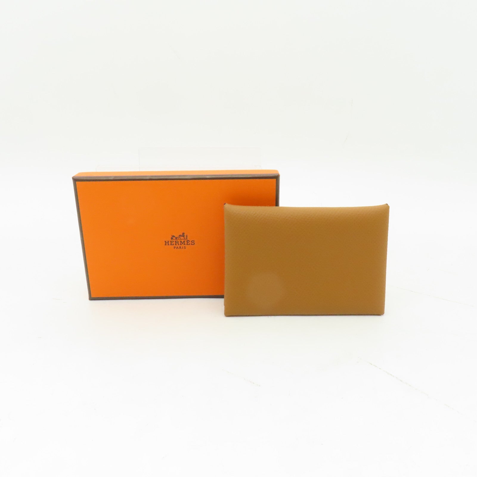 HERMES Epsom皮革Calvi銀扣卡片套Gold棕色