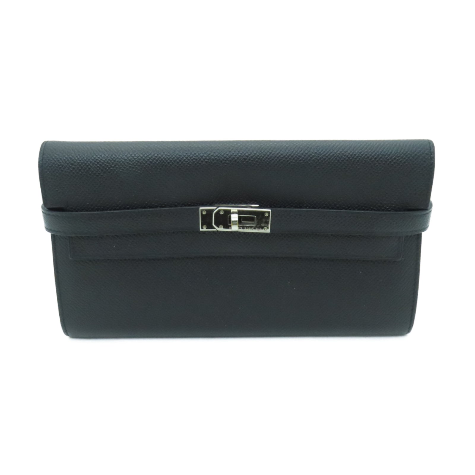 HERMES Veau Epsom皮革Kelly Wallet銀扣長錢包Noir黑色
