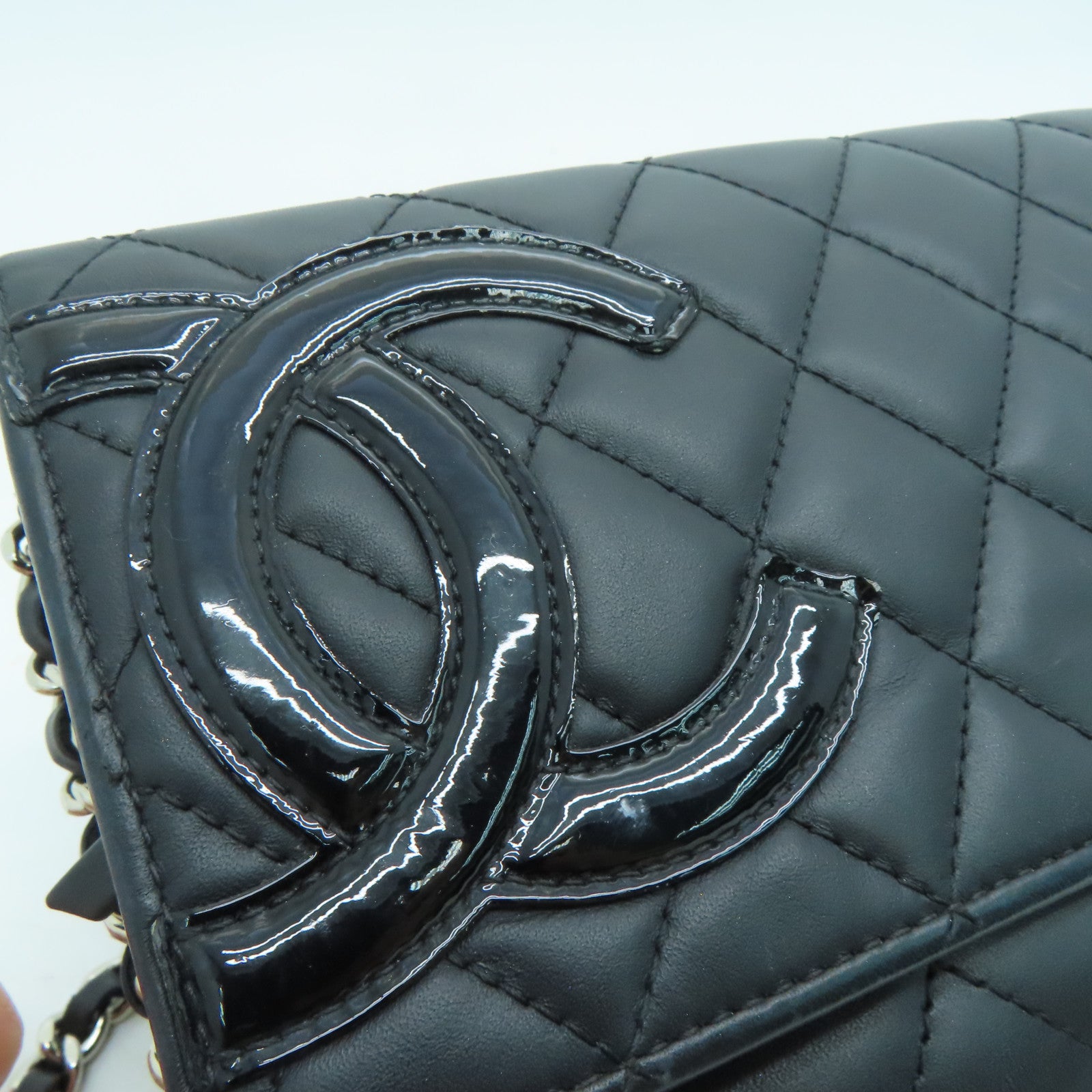 CHANEL 菱格牛皮皮革Cambon WOC銀扣鏈帶肩背袋黑色