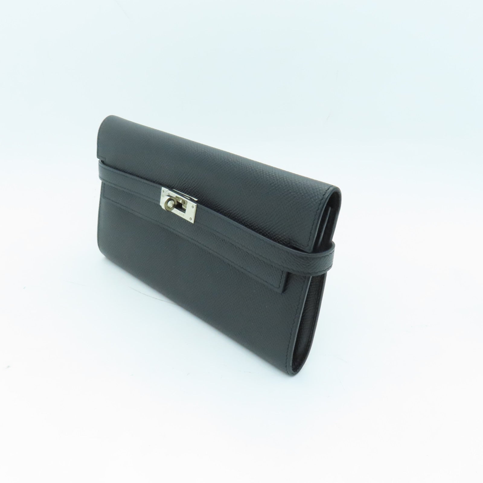 HERMES Veau Epsom皮革Kelly Wallet銀扣長錢包Noir黑色