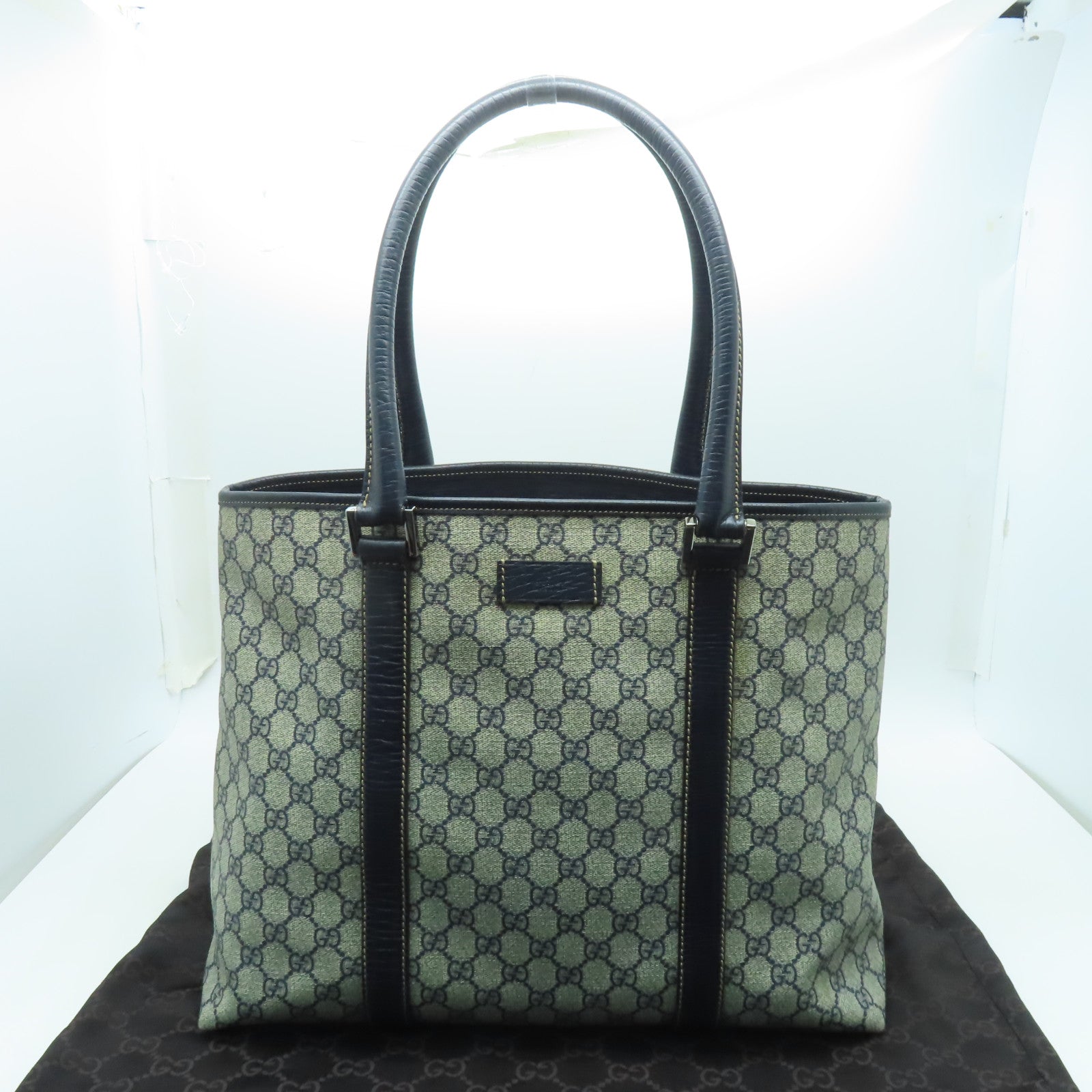 GUCCI 塗層帆布Shoulder Bag銀扣肩背袋深藍色/米色