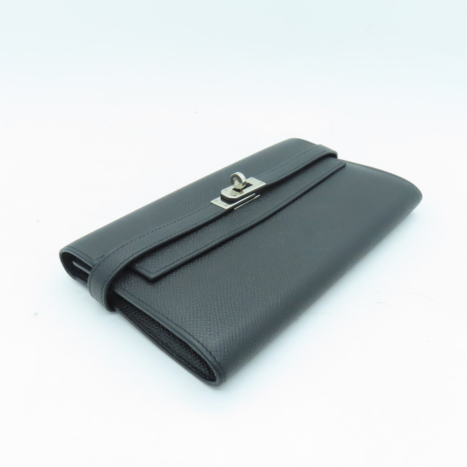 HERMES Veau Epsom皮革Kelly Wallet銀扣長錢包Noir黑色