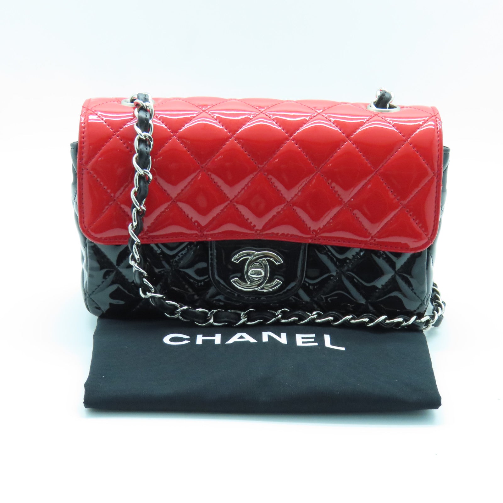 CHANEL 菱格漆皮皮革Chain Shoulder Bag银扣链带肩背袋黑色红色