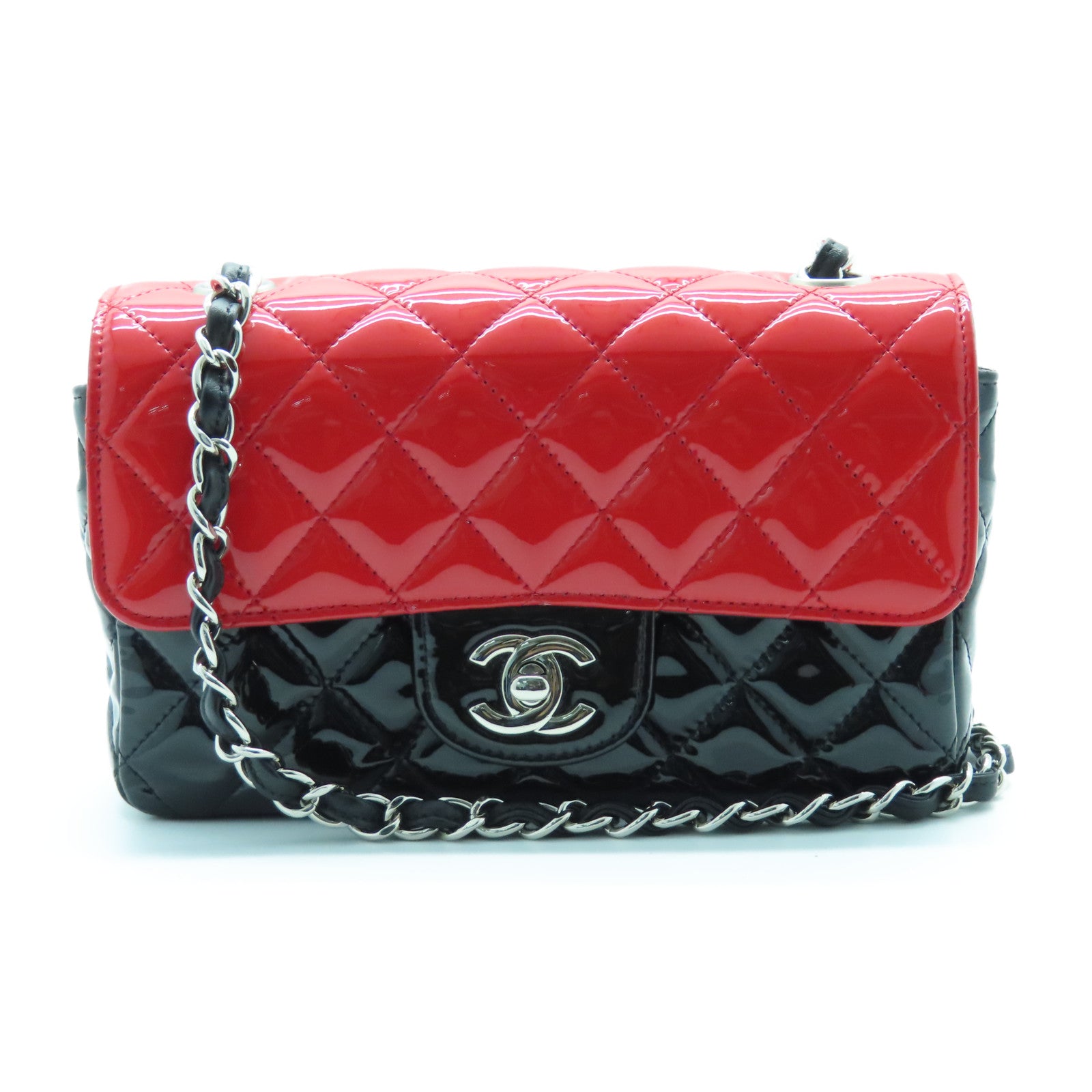 CHANEL 菱格漆皮皮革Chain Shoulder Bag银扣链带肩背袋黑色红色