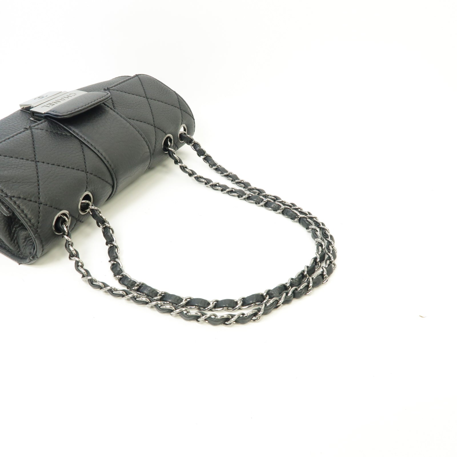 CHANEL 菱格牛皮皮革Chain Shoulder Bag銀扣鏈帶肩背袋黒色