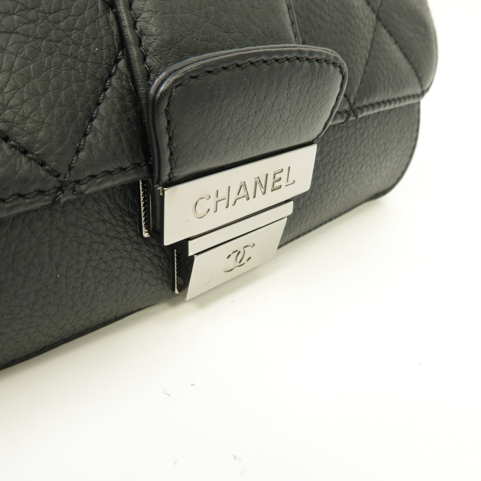 CHANEL 菱格牛皮皮革Chain Shoulder Bag銀扣鏈帶肩背袋黒色