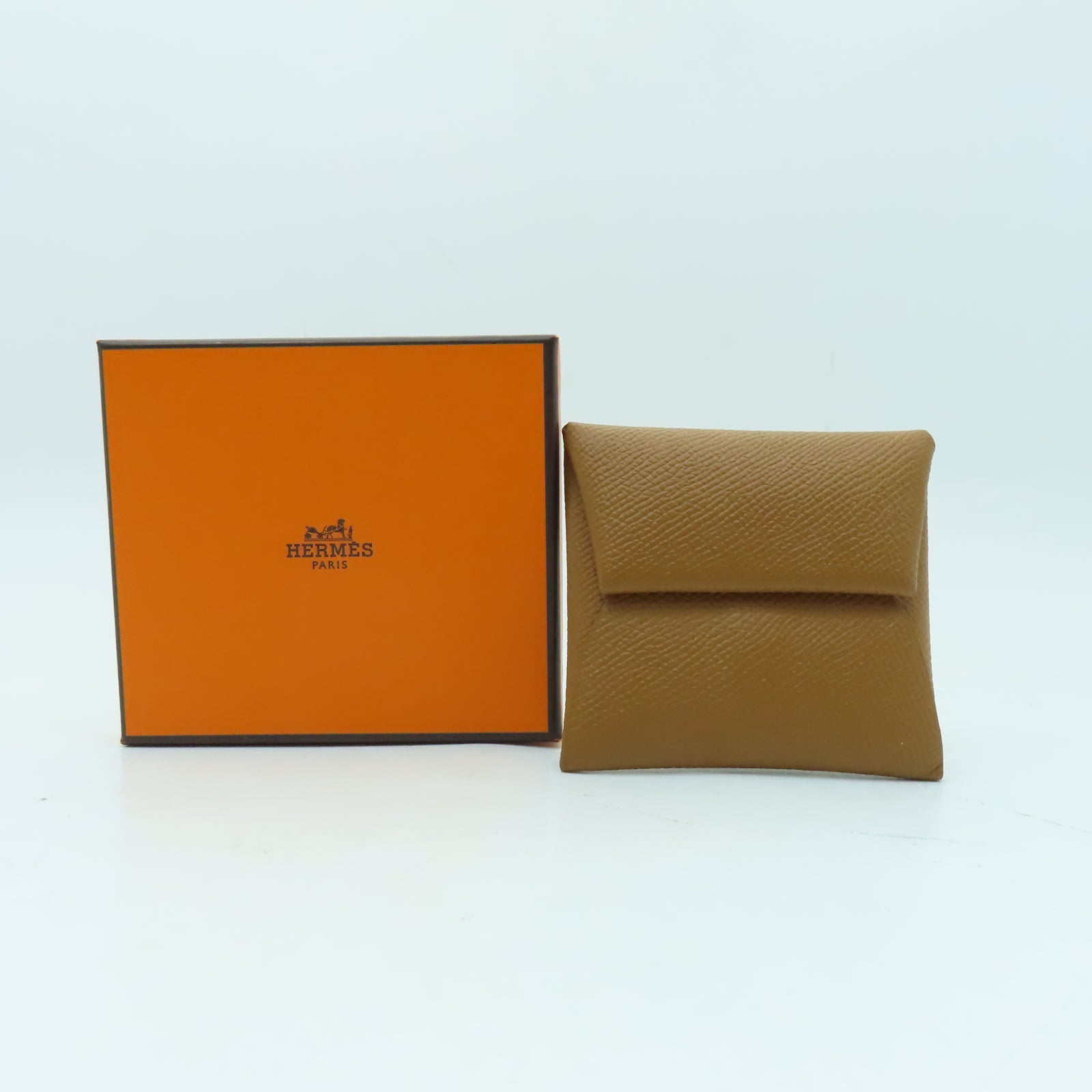 HERMES Epsom皮革Bastia銀扣零錢包Gold經典駝色