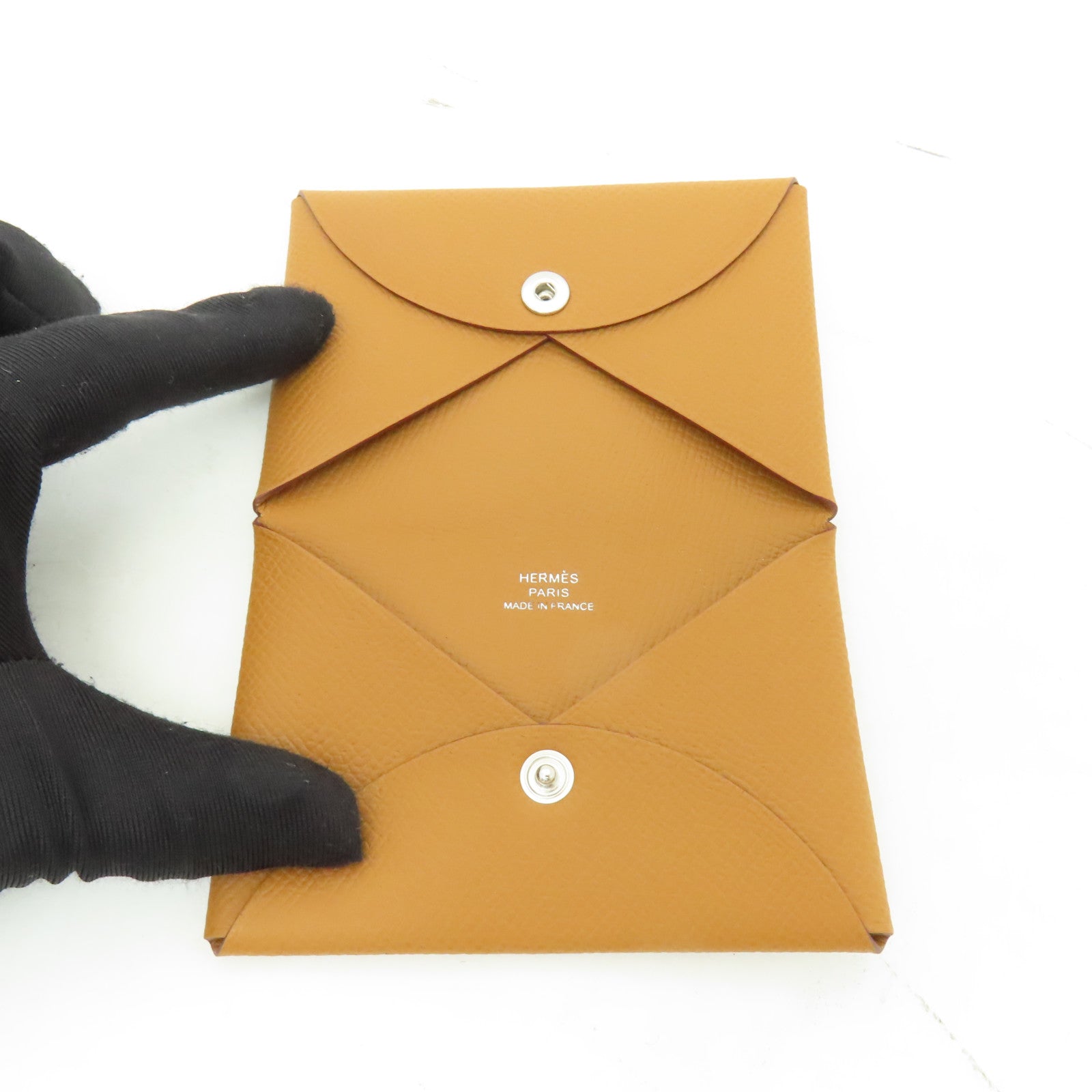 HERMES Epsom皮革Calvi銀扣卡片套Gold棕色