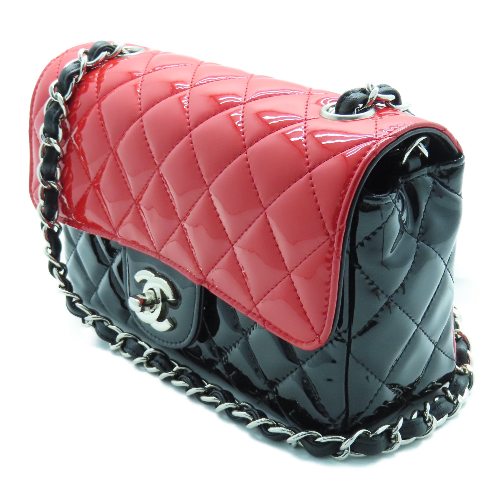 CHANEL 菱格漆皮皮革Chain Shoulder Bag银扣链带肩背袋黑色红色