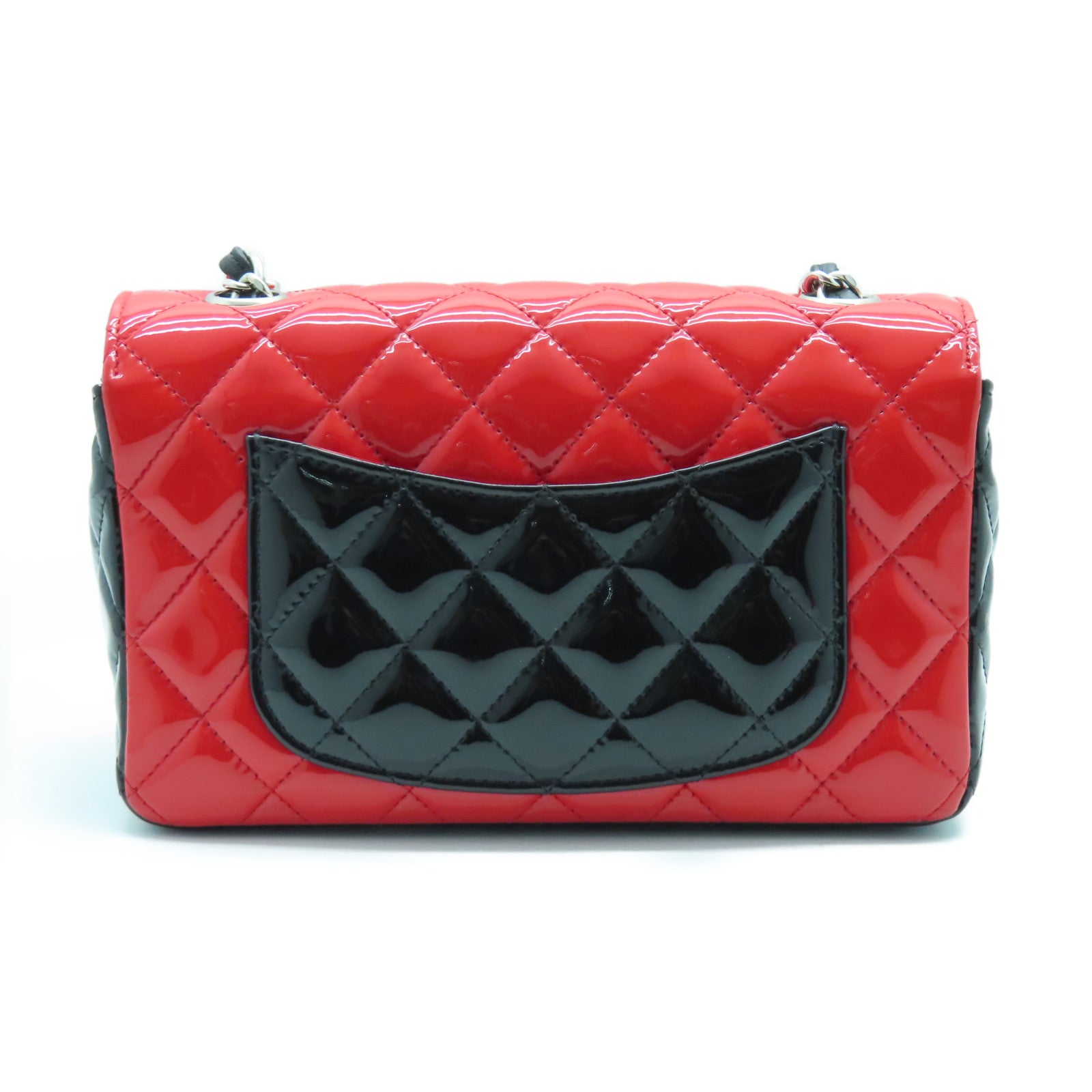 CHANEL 菱格漆皮皮革Chain Shoulder Bag银扣链带肩背袋黑色红色