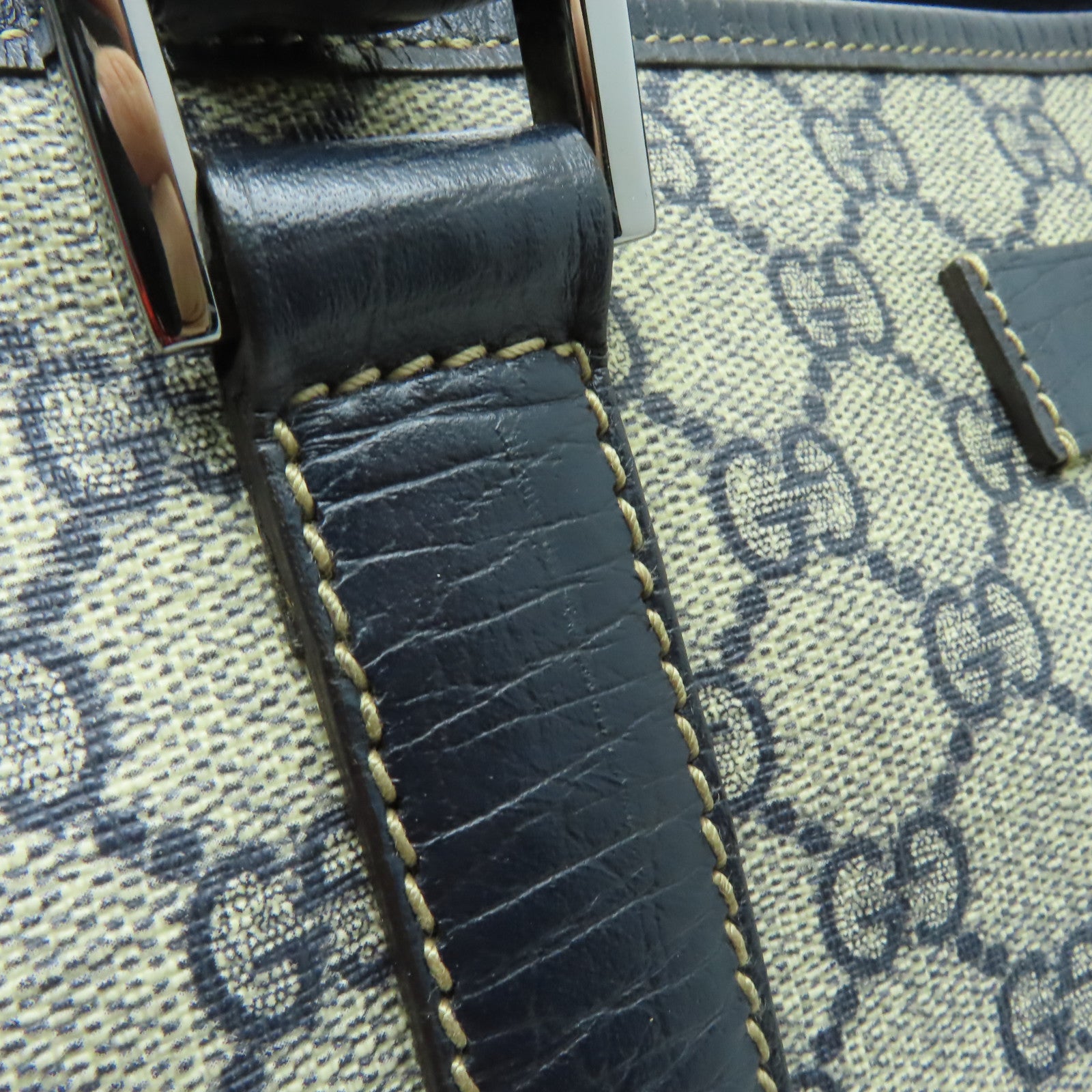 GUCCI 塗層帆布Shoulder Bag銀扣肩背袋深藍色/米色