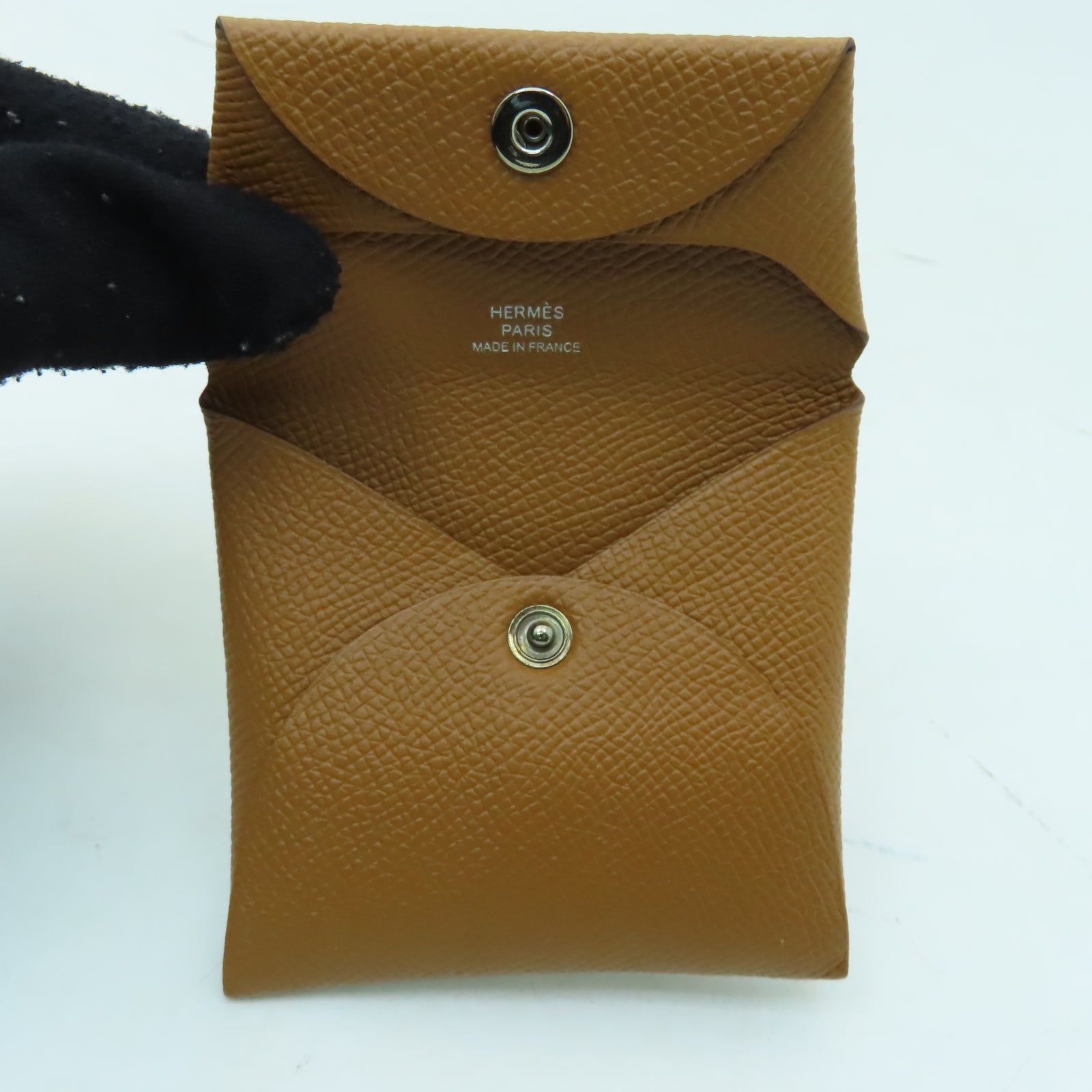 HERMES Epsom皮革Bastia銀扣零錢包Gold經典駝色
