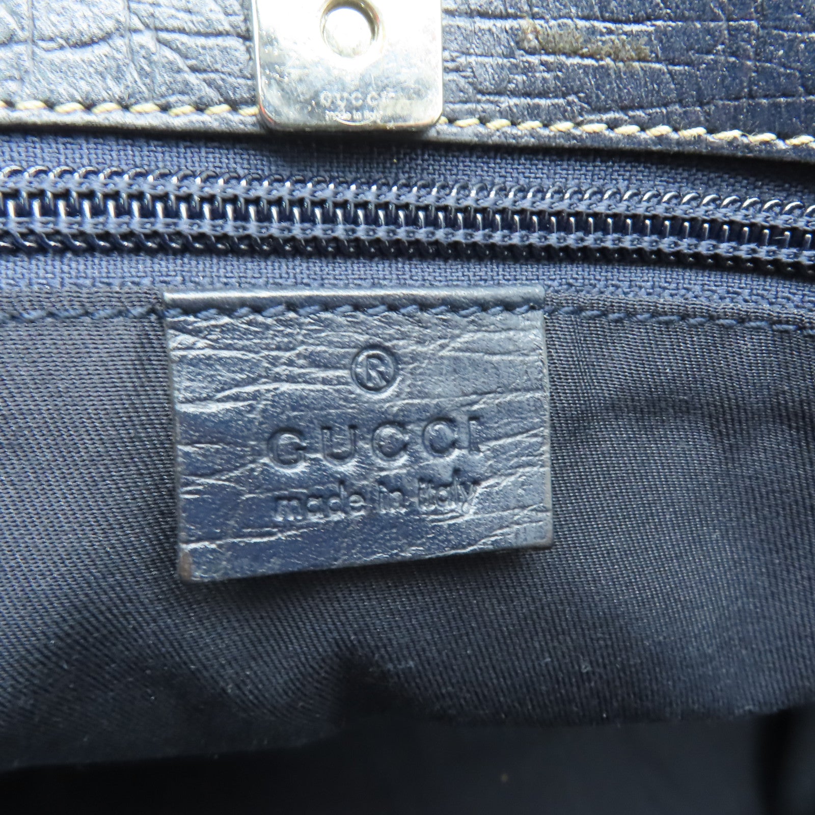 GUCCI 塗層帆布Shoulder Bag銀扣肩背袋深藍色/米色