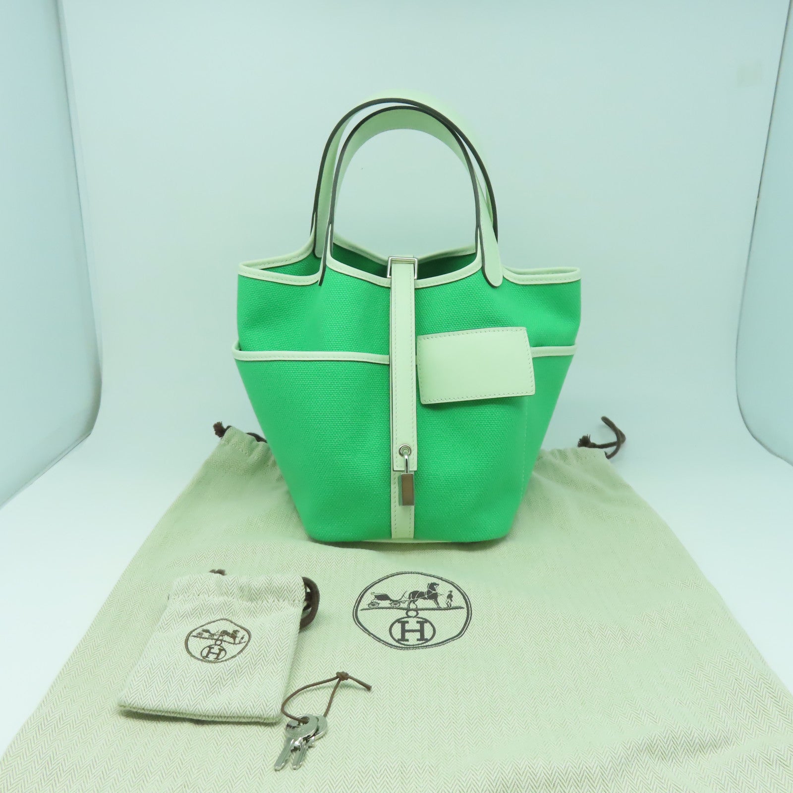 HERMES 帆布/皮革Picotin Cargo銀扣手挽袋漫畫綠色/氣泡綠色