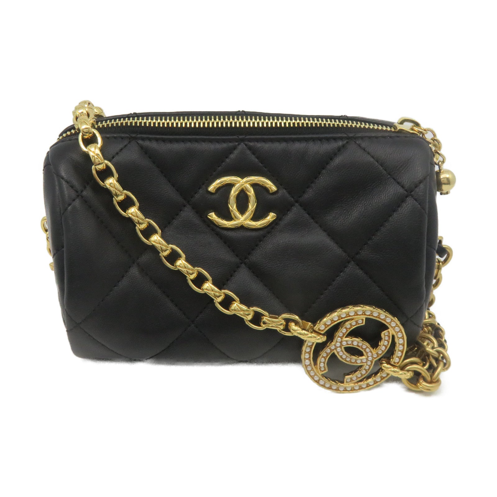 CHANEL 羊皮皮革Chain Shoulder金扣肩背袋黑色