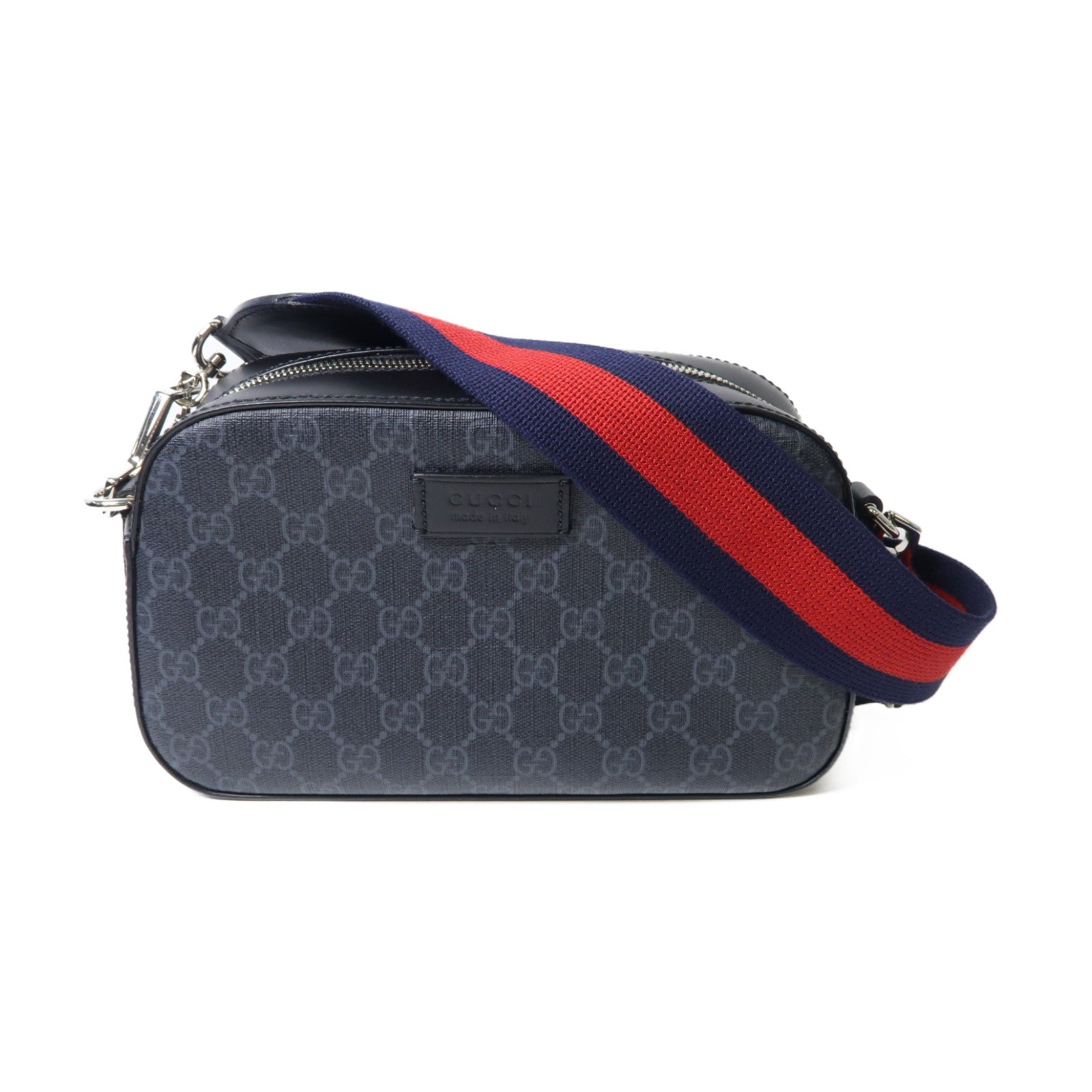 GUCCI 塗層帆布GG Supreme銀扣肩背袋黑色