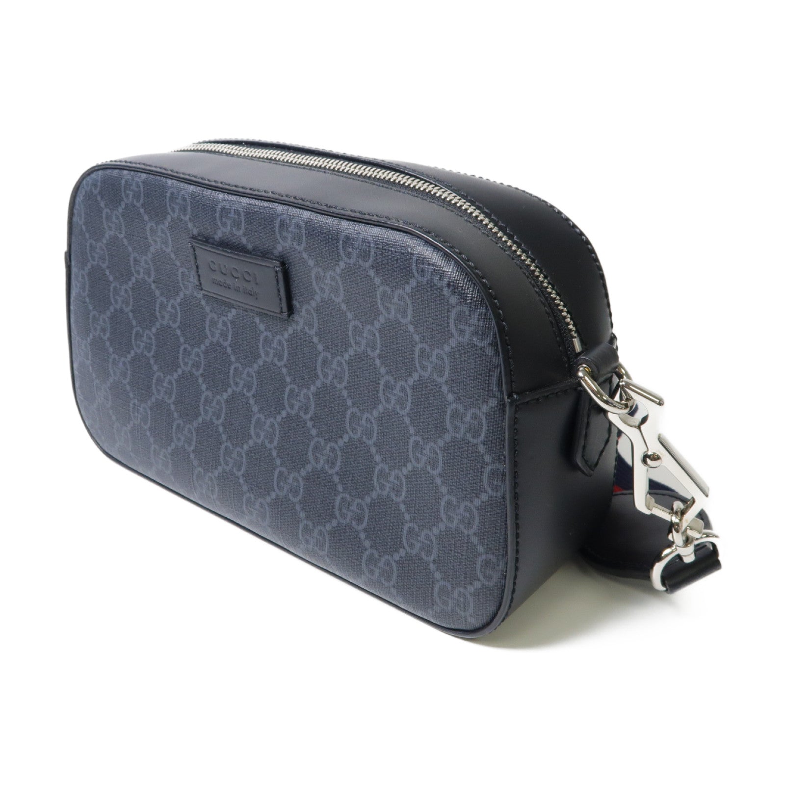 GUCCI 塗層帆布GG Supreme銀扣肩背袋黑色