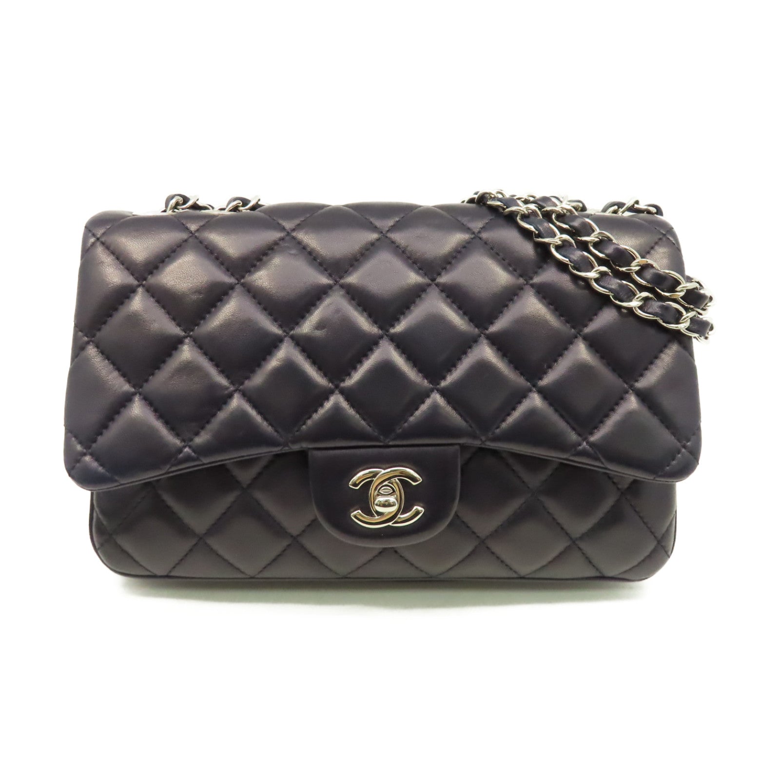 CHANEL 菱格羊皮皮革Chain Shoulder Bag銀扣鏈帶肩背袋寶藍色