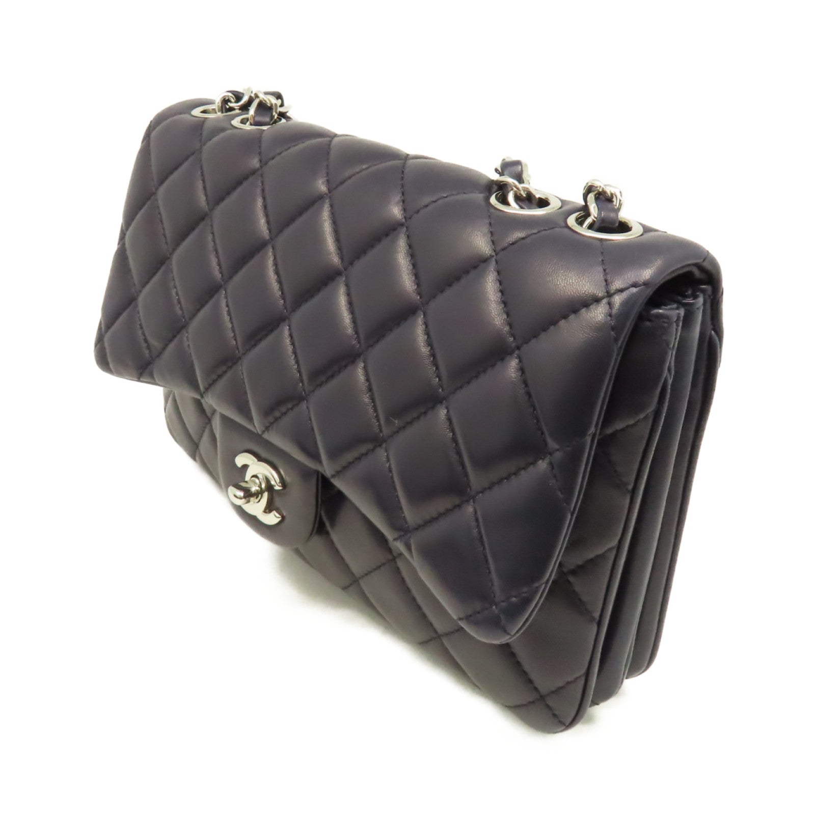 CHANEL 菱格羊皮皮革Chain Shoulder Bag銀扣鏈帶肩背袋寶藍色