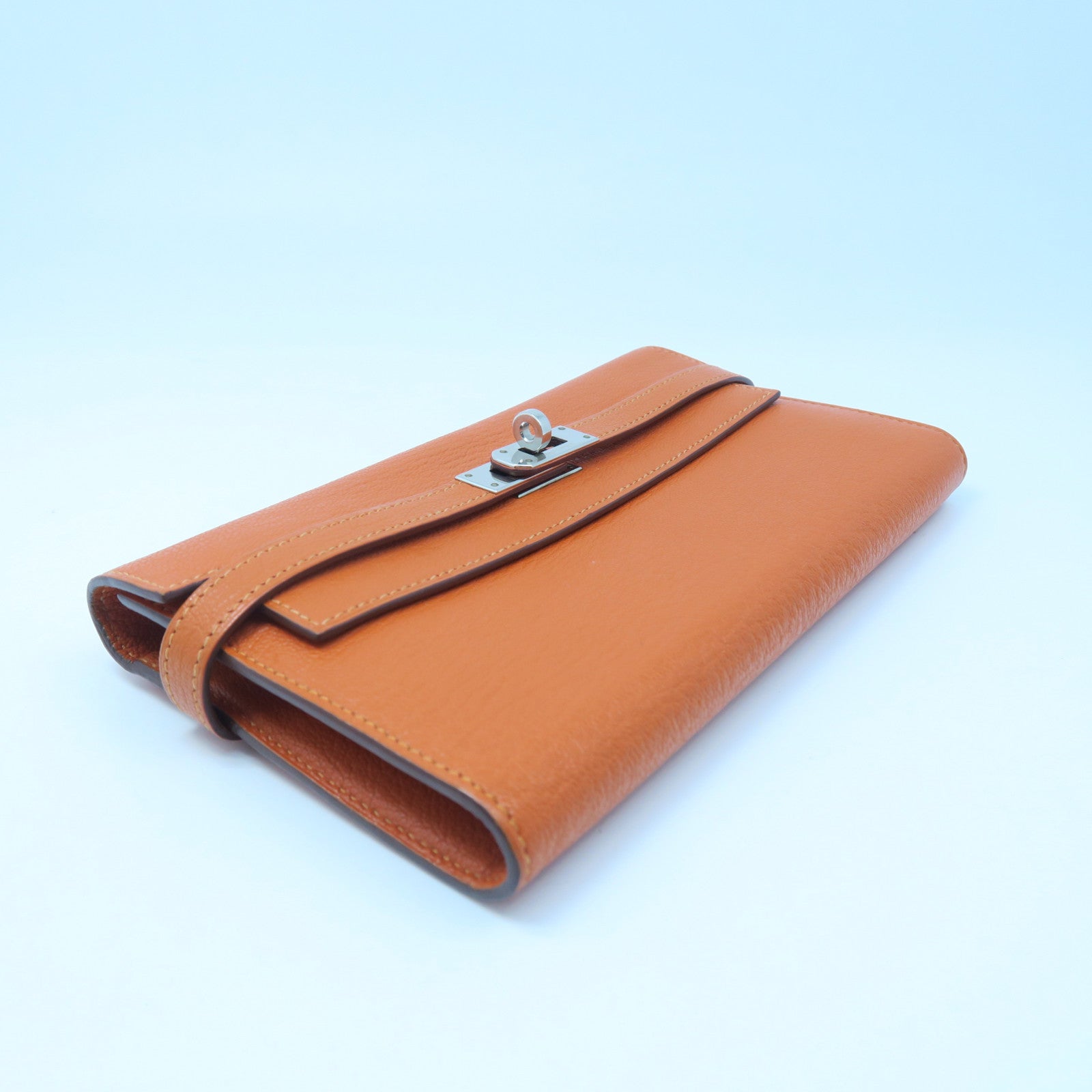 HERMES Chevre Leather Kelly Wallet Silver Buckle Long Wallet Orange