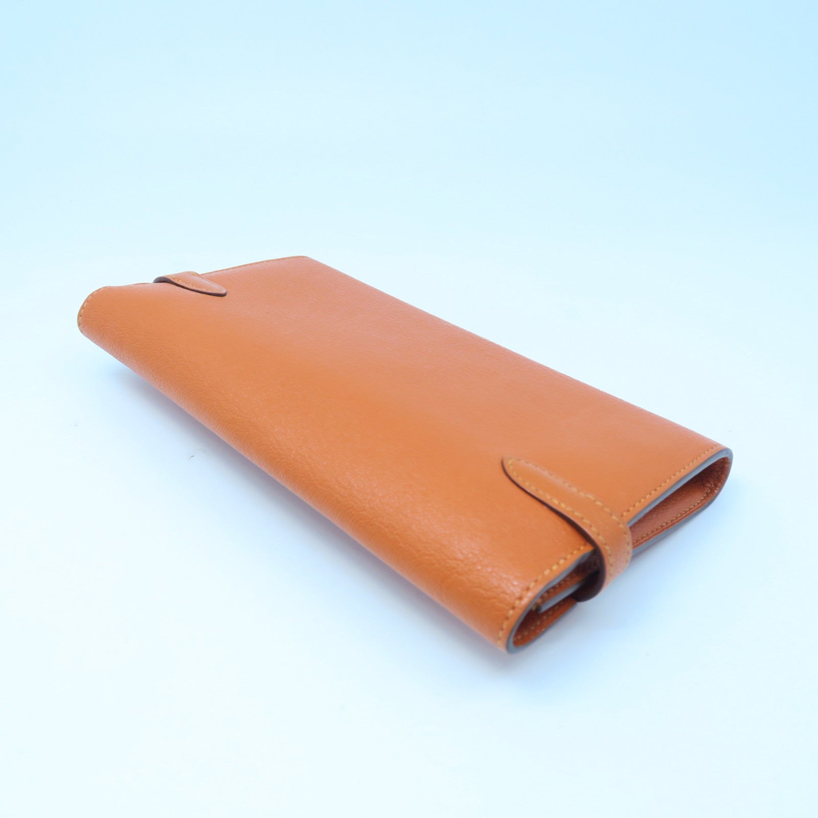 HERMES Chevre Leather Kelly Wallet Silver Buckle Long Wallet Orange
