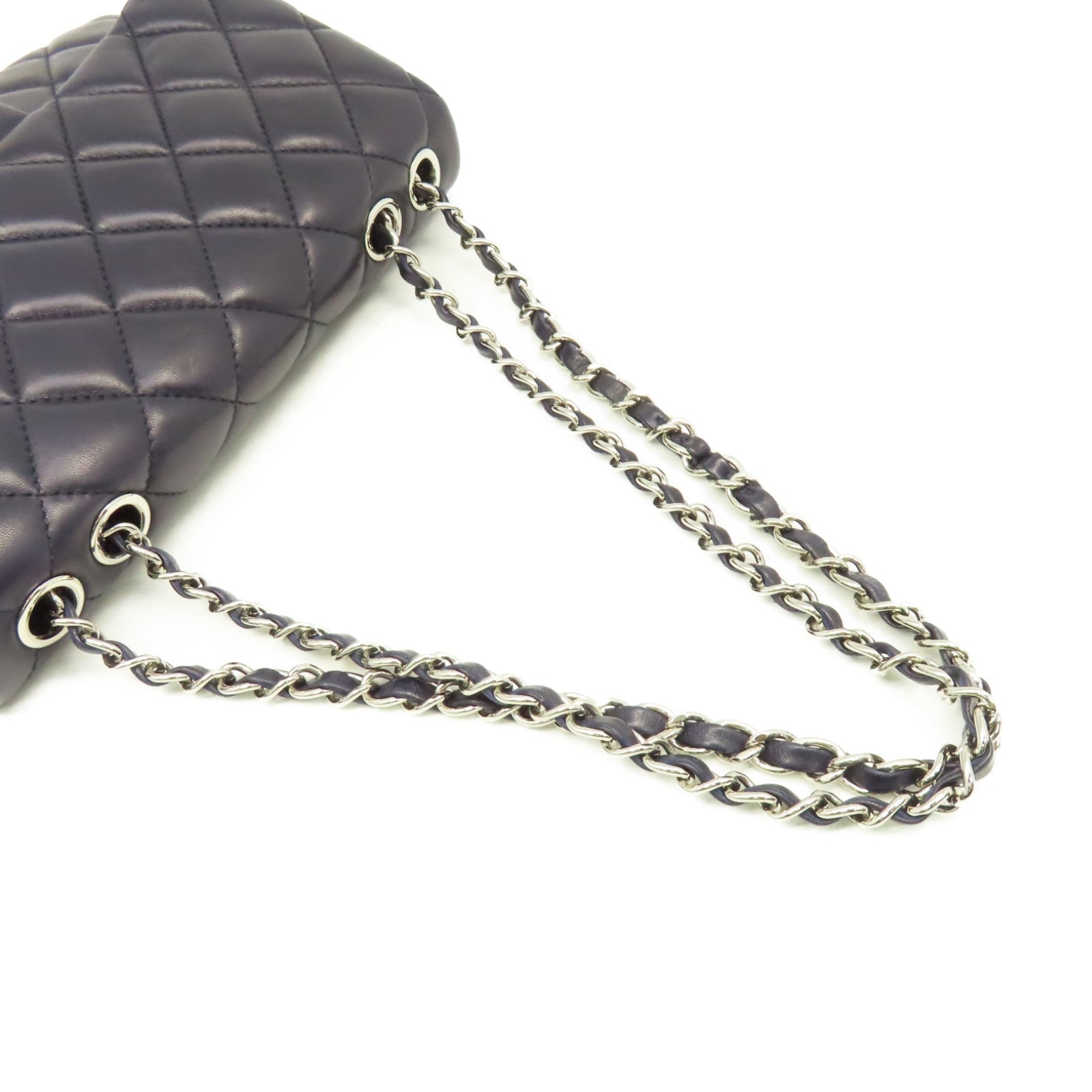 CHANEL 菱格羊皮皮革Chain Shoulder Bag銀扣鏈帶肩背袋寶藍色