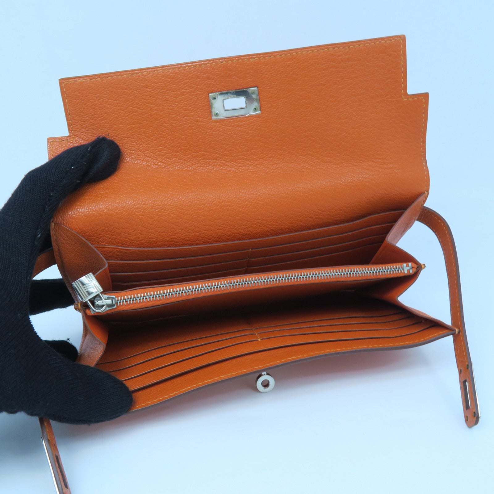 HERMES Chevre Leather Kelly Wallet Silver Buckle Long Wallet Orange
