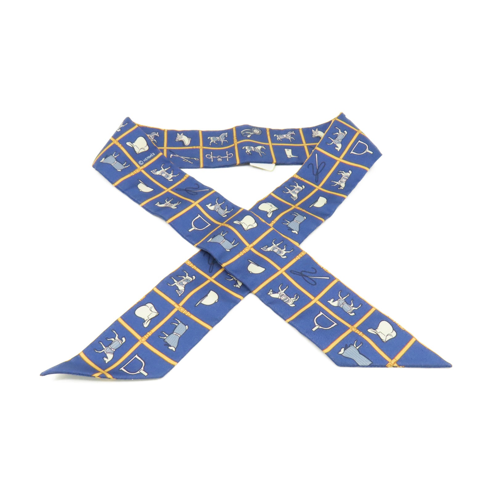 HERMES 絲質Twilly Scarf絲巾寶藍色/淺啡色/彩色