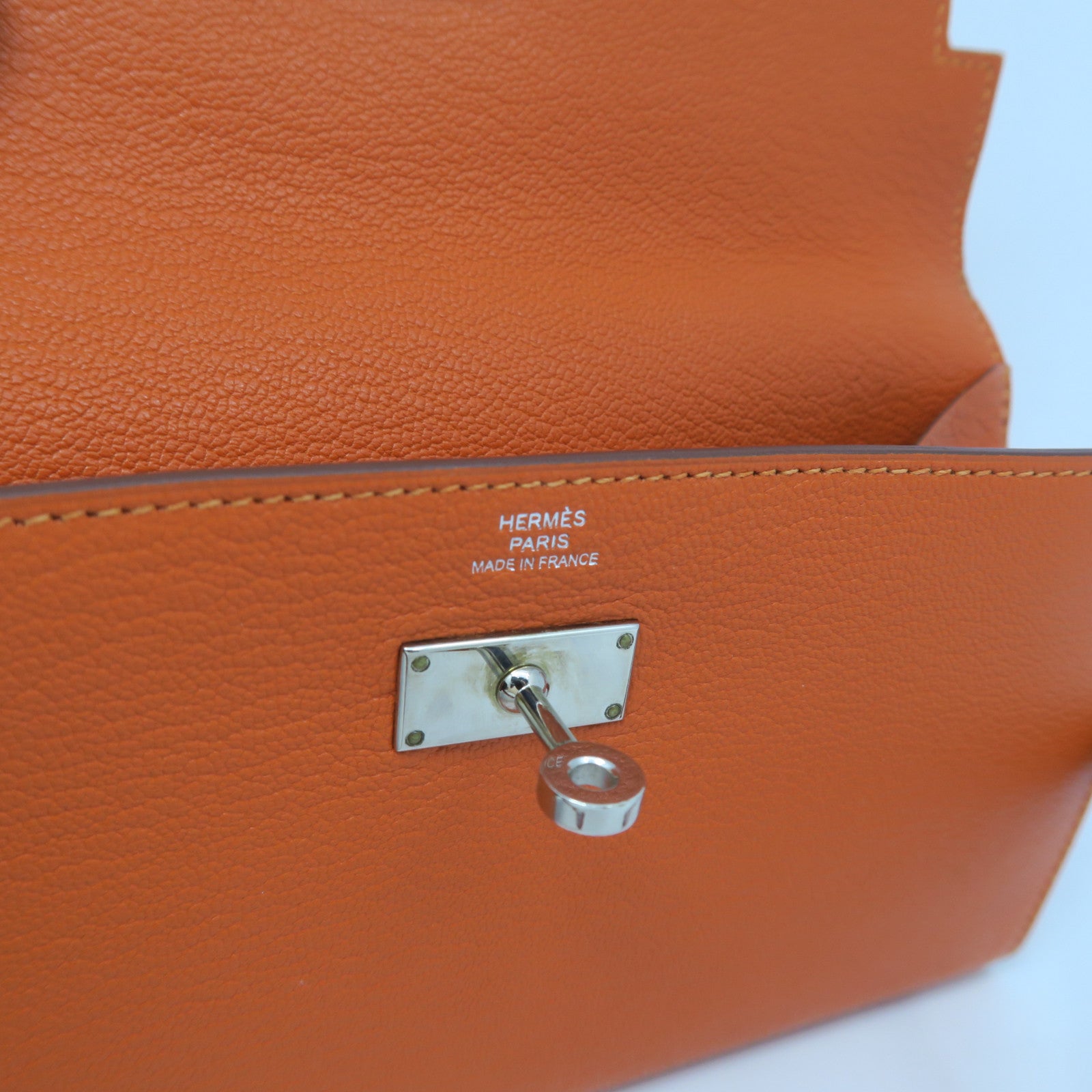 HERMES Chevre Leather Kelly Wallet Silver Buckle Long Wallet Orange