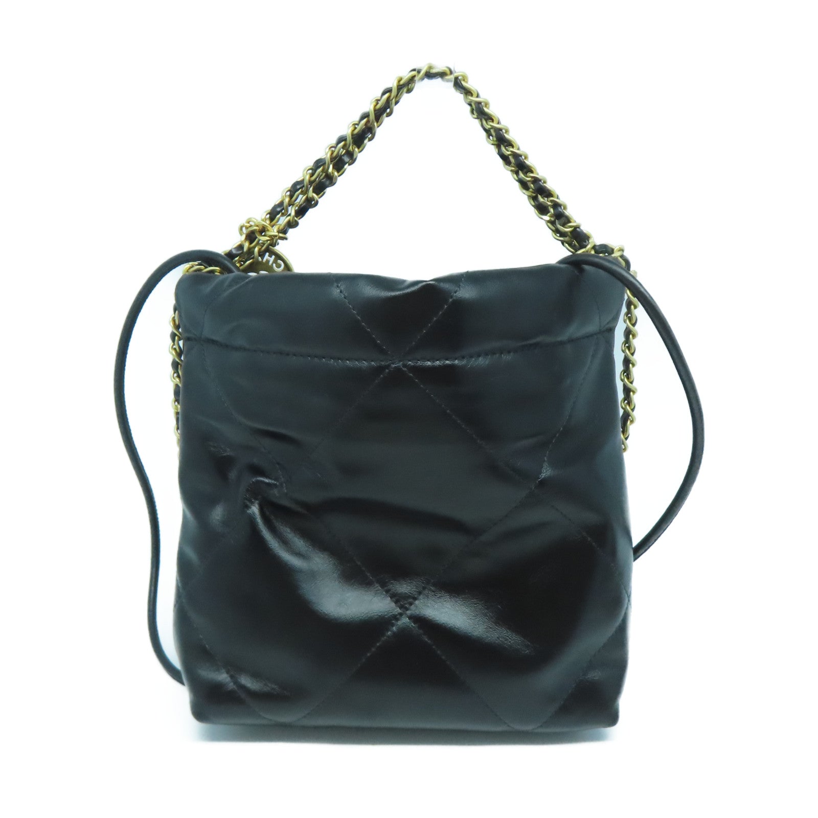 CHANEL 菱格牛皮皮革Mini C22金扣鏈帶肩背袋黑色