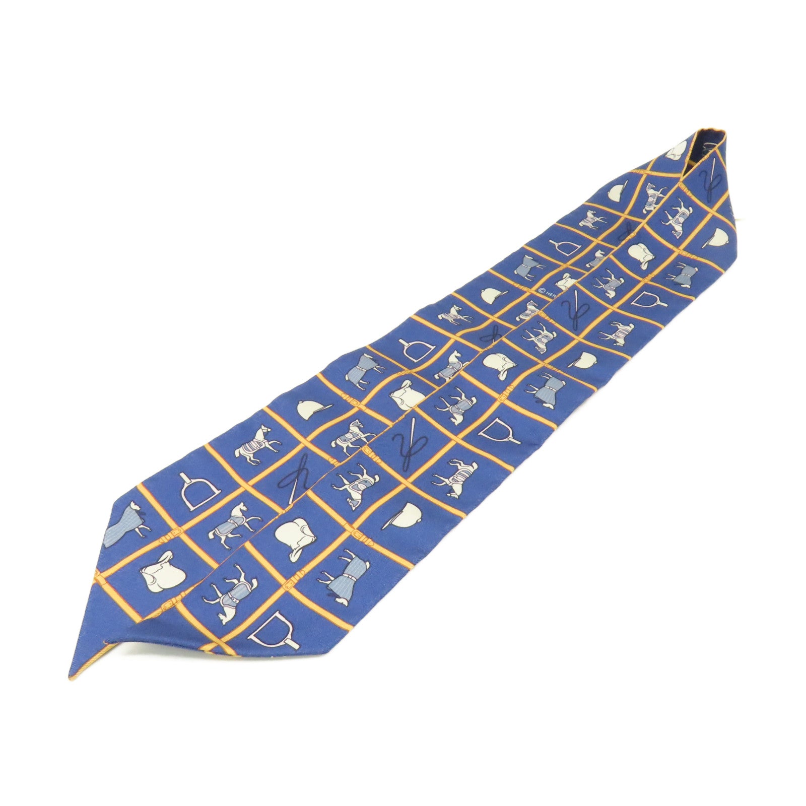 HERMES 絲質Twilly Scarf絲巾寶藍色/淺啡色/彩色