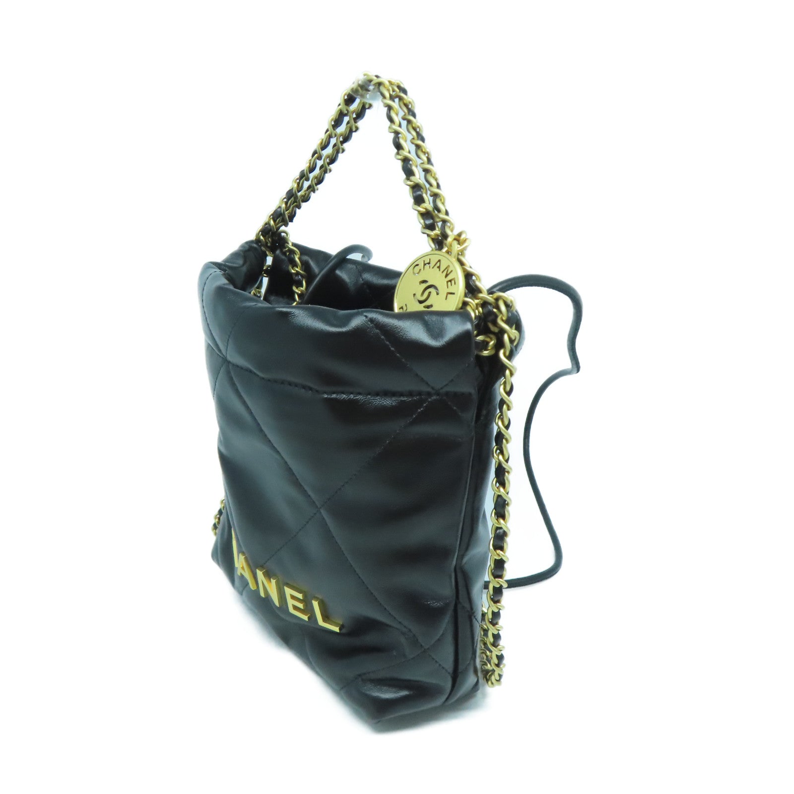 CHANEL 菱格牛皮皮革Mini C22金扣鏈帶肩背袋黑色