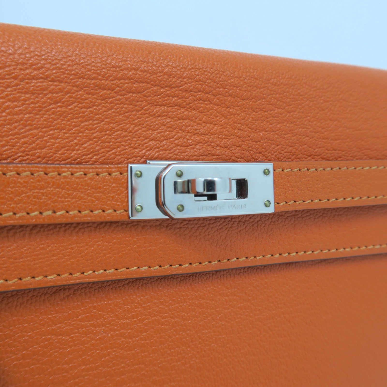 HERMES Chevre Leather Kelly Wallet Silver Buckle Long Wallet Orange