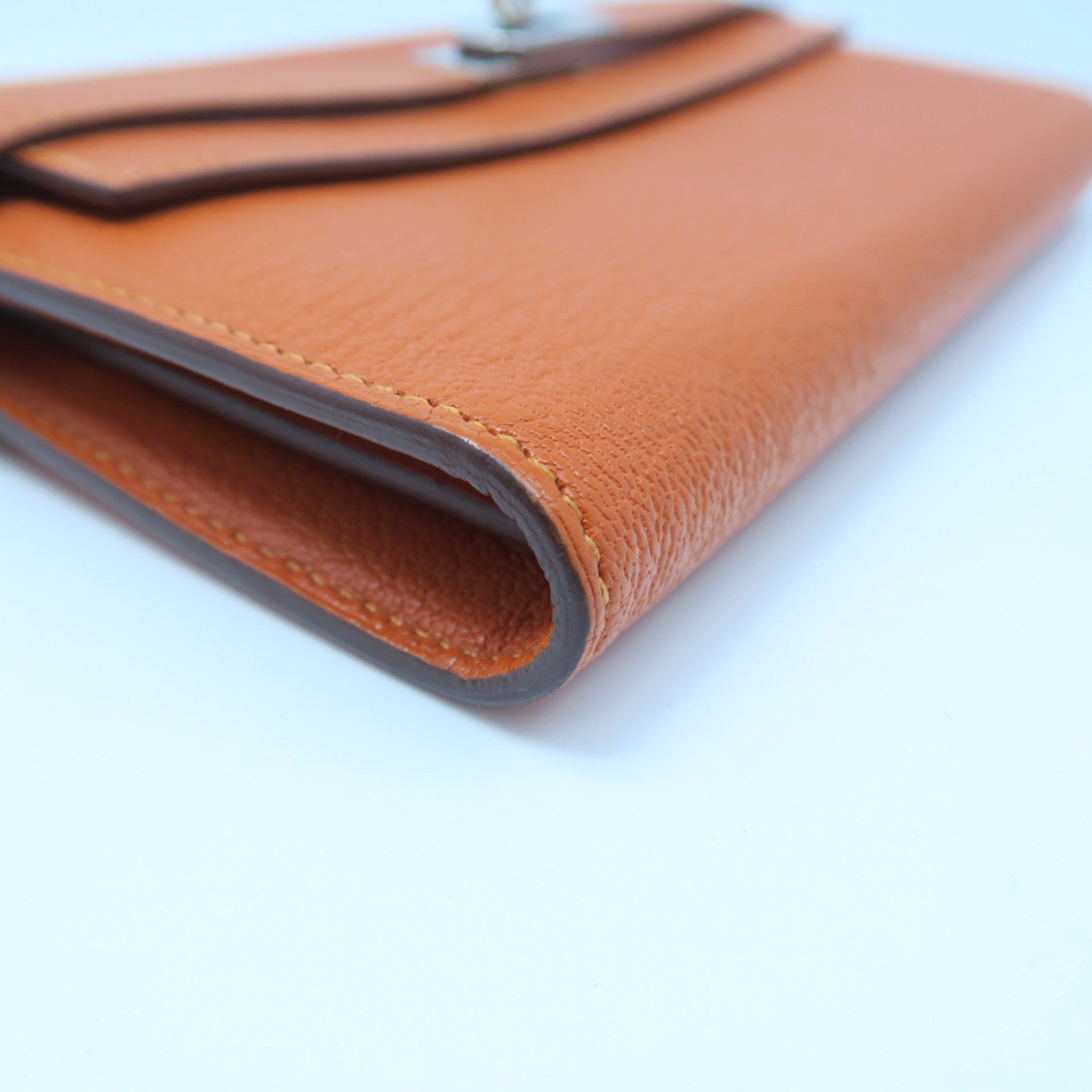 HERMES Chevre Leather Kelly Wallet Silver Buckle Long Wallet Orange