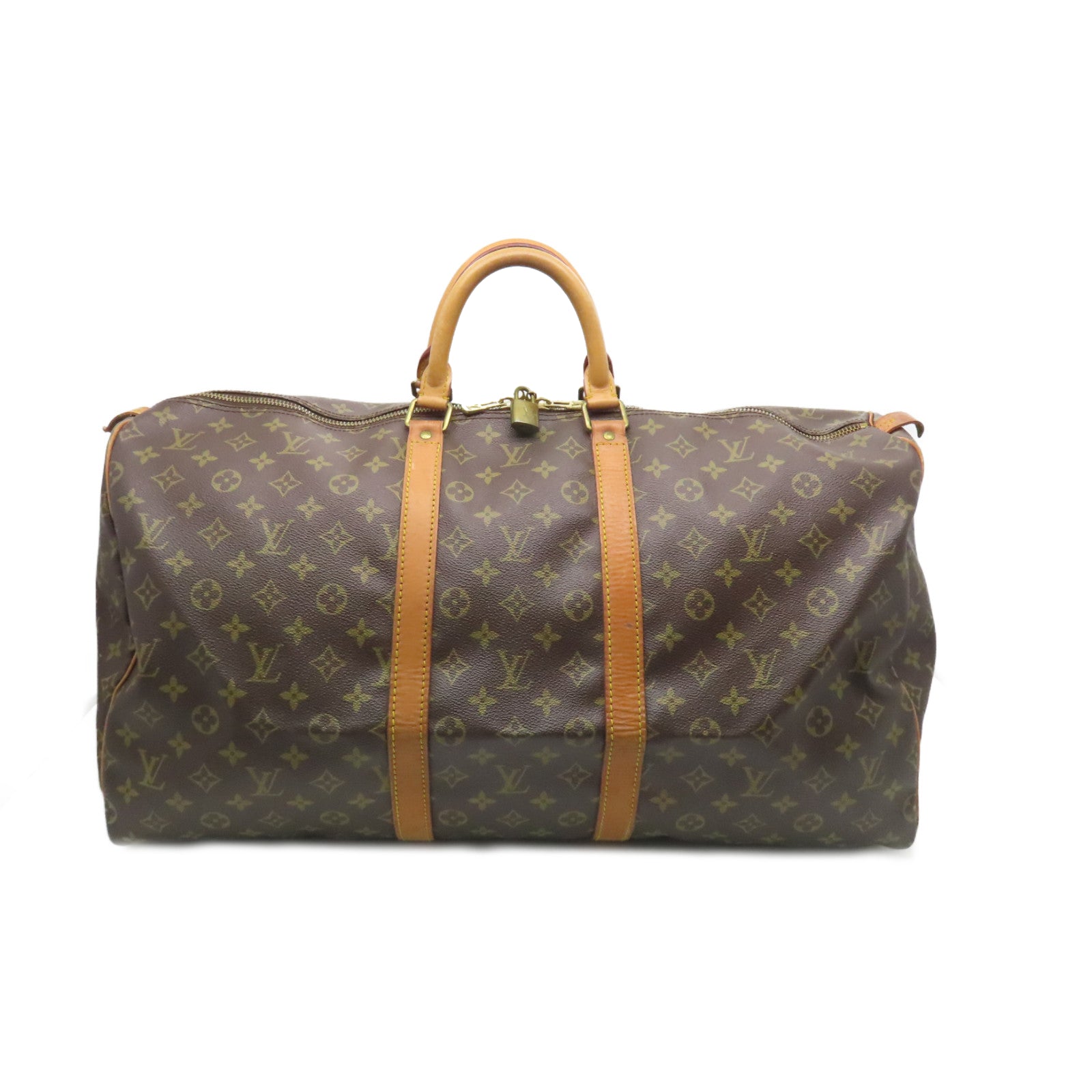 LOUIS VUITTON Monogram Keepall 55 Gold Buckle Travel Bag Brown