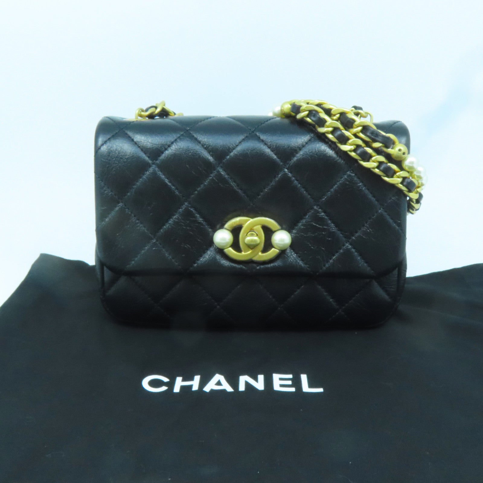 CHANEL 菱格牛皮皮革Chain Shoulder Bag金扣鏈帶肩背袋黑色