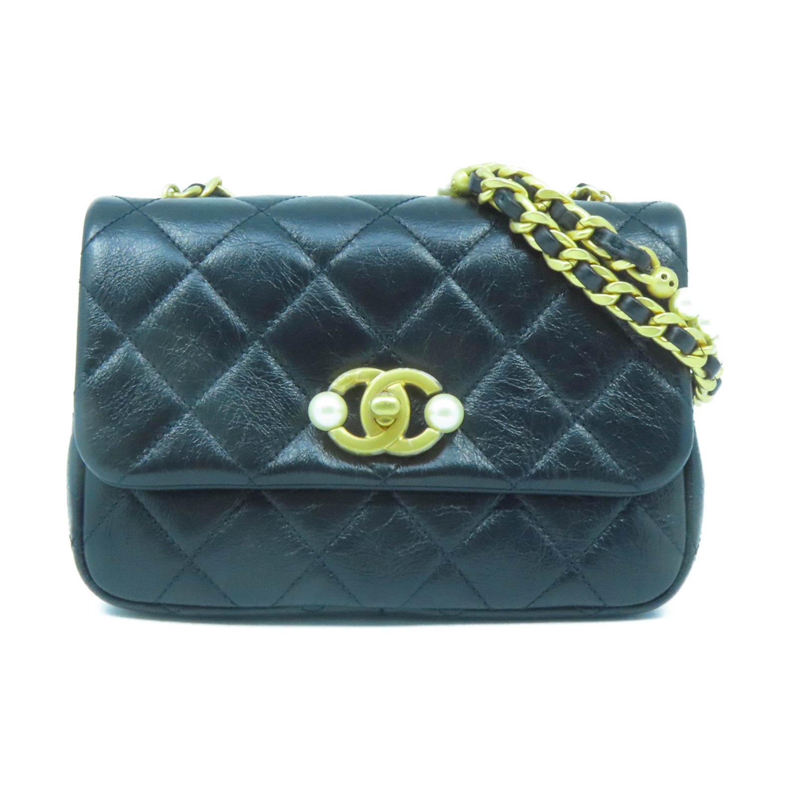 CHANEL 菱格牛皮皮革Chain Shoulder Bag金扣鏈帶肩背袋黑色