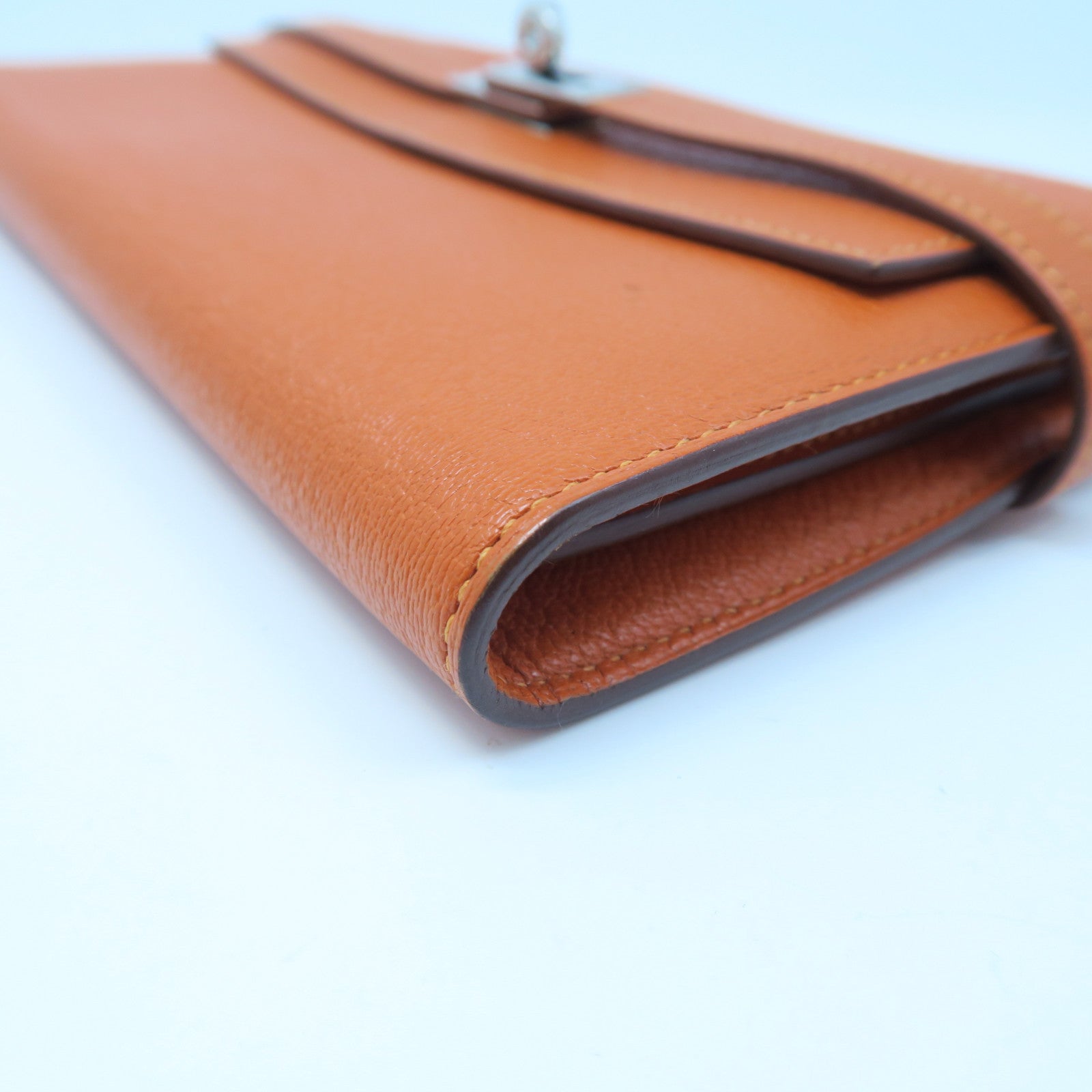 HERMES Chevre Leather Kelly Wallet Silver Buckle Long Wallet Orange