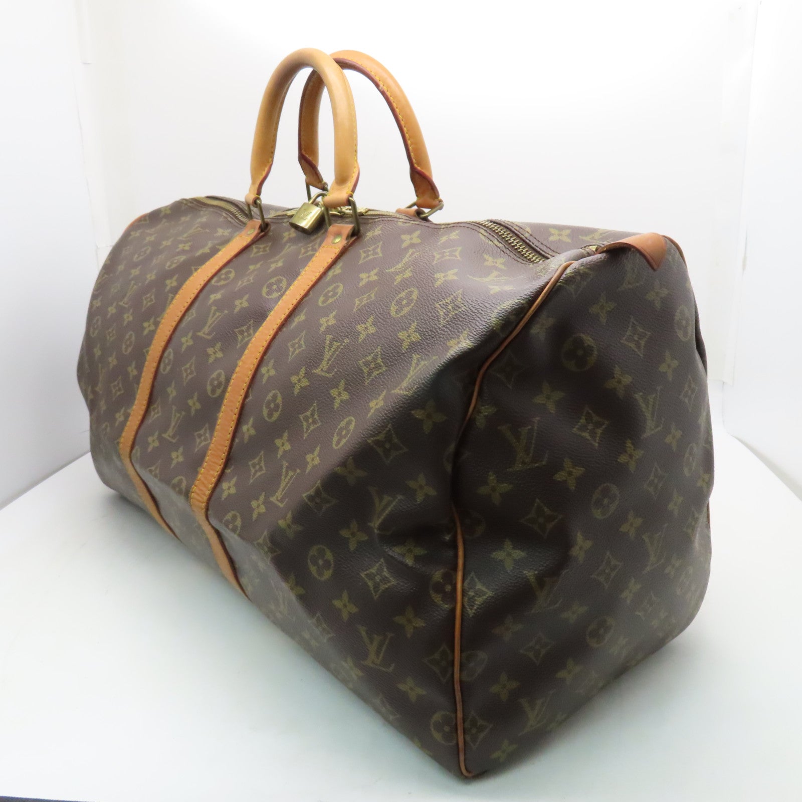 LOUIS VUITTON Monogram Keepall 55 Gold Buckle Travel Bag Brown