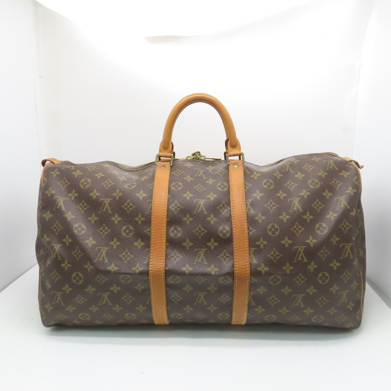 LOUIS VUITTON Monogram Keepall 55 Gold Buckle Travel Bag Brown