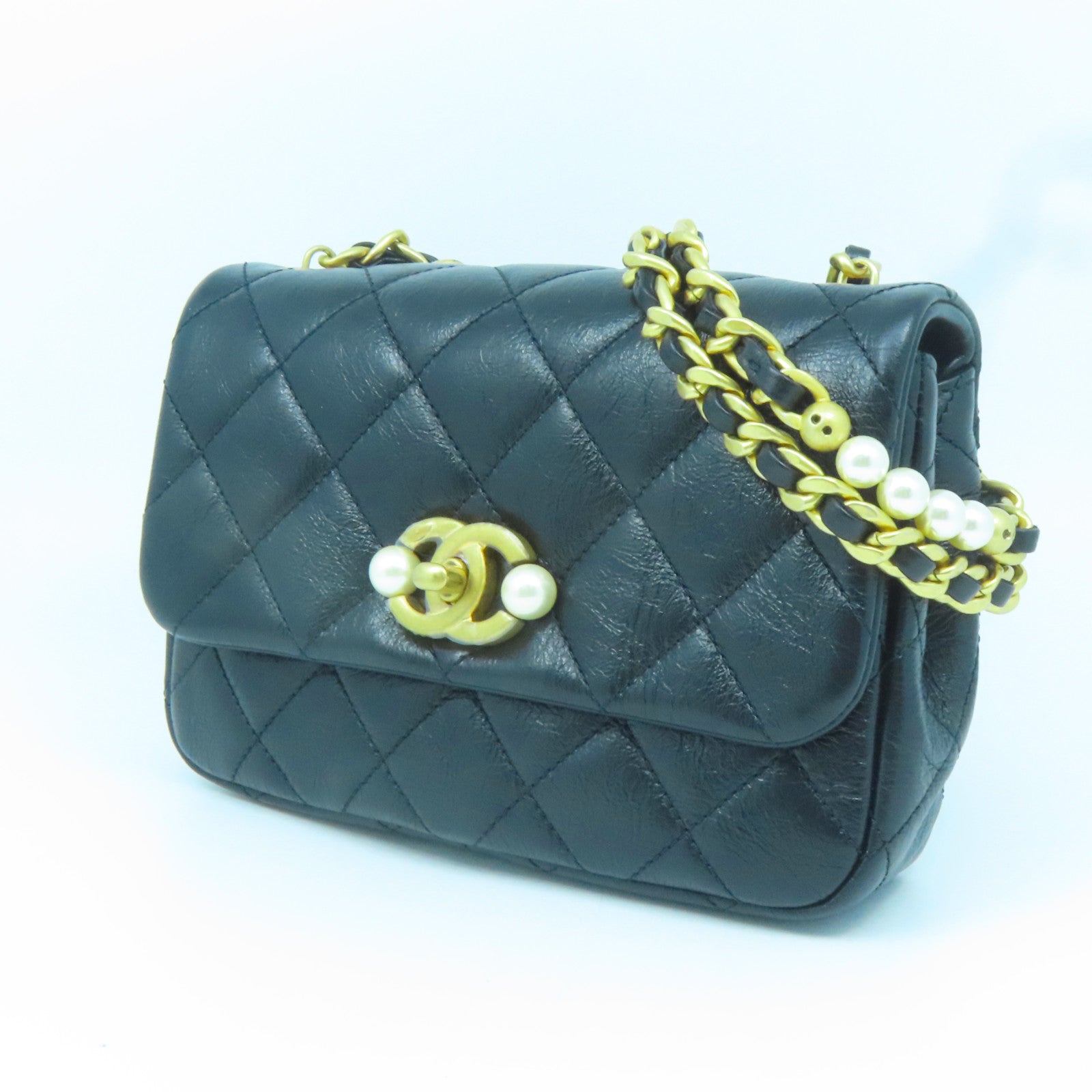 CHANEL 菱格牛皮皮革Chain Shoulder Bag金扣鏈帶肩背袋黑色
