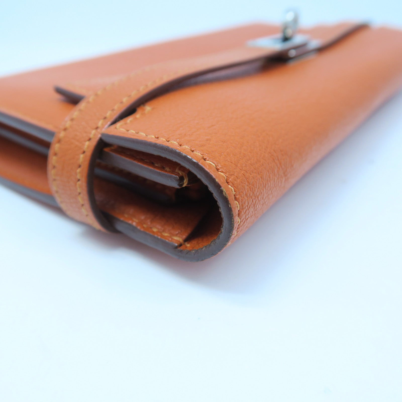 HERMES Chevre Leather Kelly Wallet Silver Buckle Long Wallet Orange
