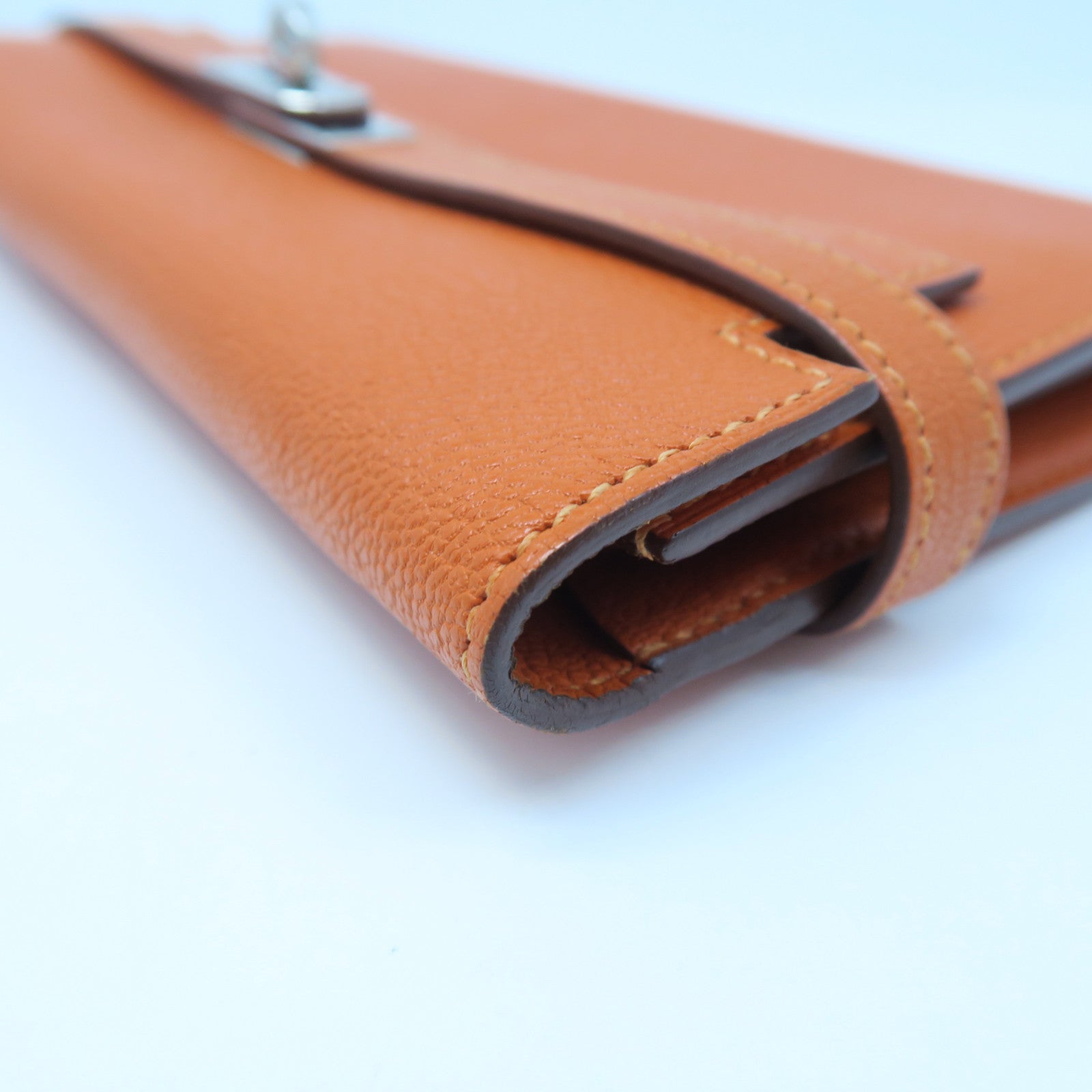 HERMES Chevre Leather Kelly Wallet Silver Buckle Long Wallet Orange
