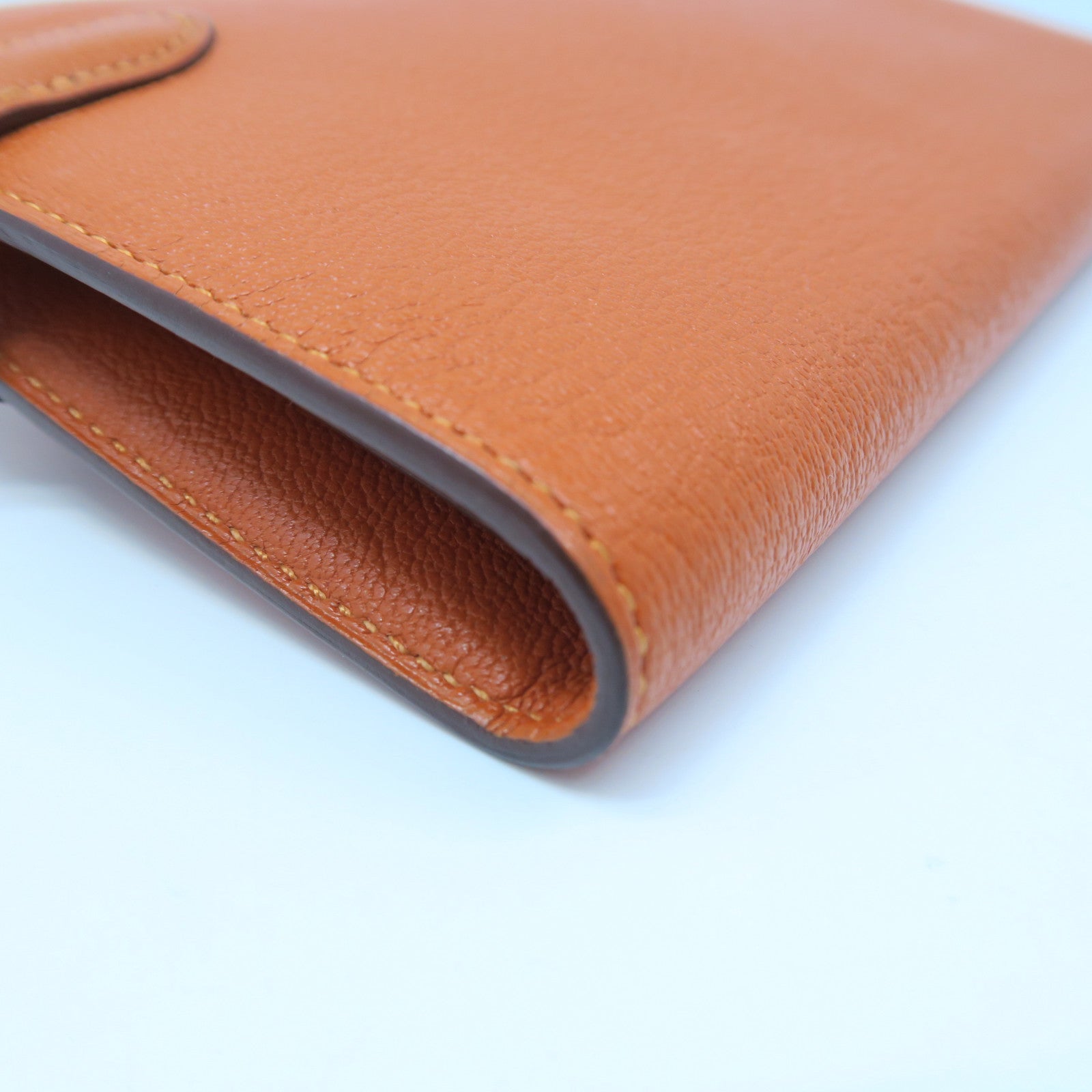 HERMES Chevre Leather Kelly Wallet Silver Buckle Long Wallet Orange