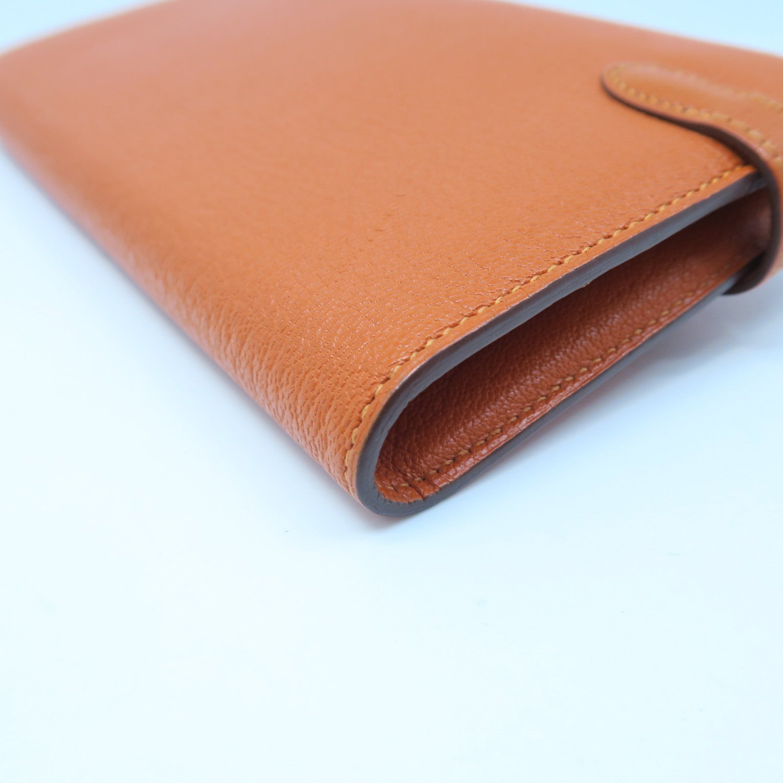 HERMES Chevre Leather Kelly Wallet Silver Buckle Long Wallet Orange