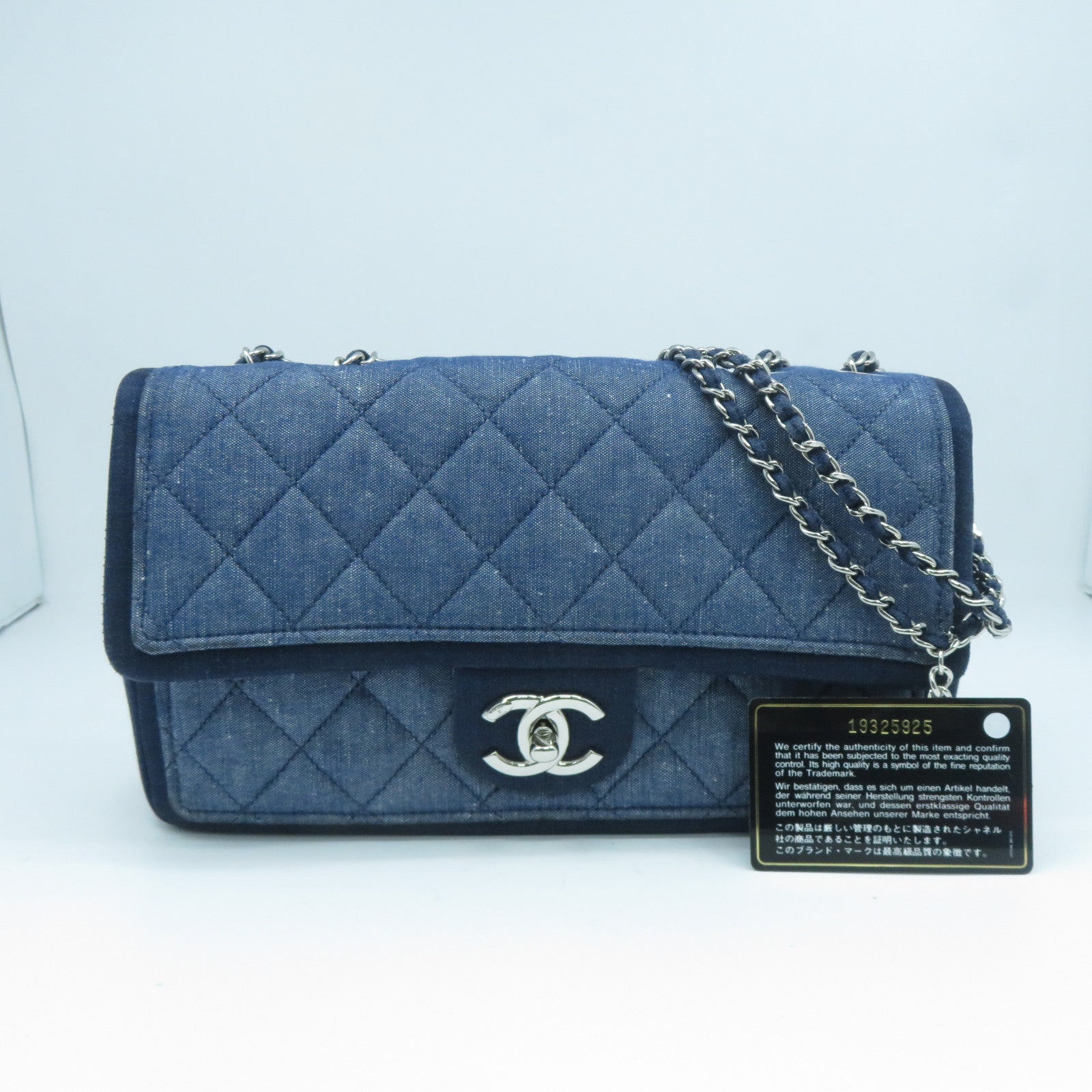 CHANEL 菱格牛仔布Chain Shoulder Bag銀扣鏈帶肩背包藍色