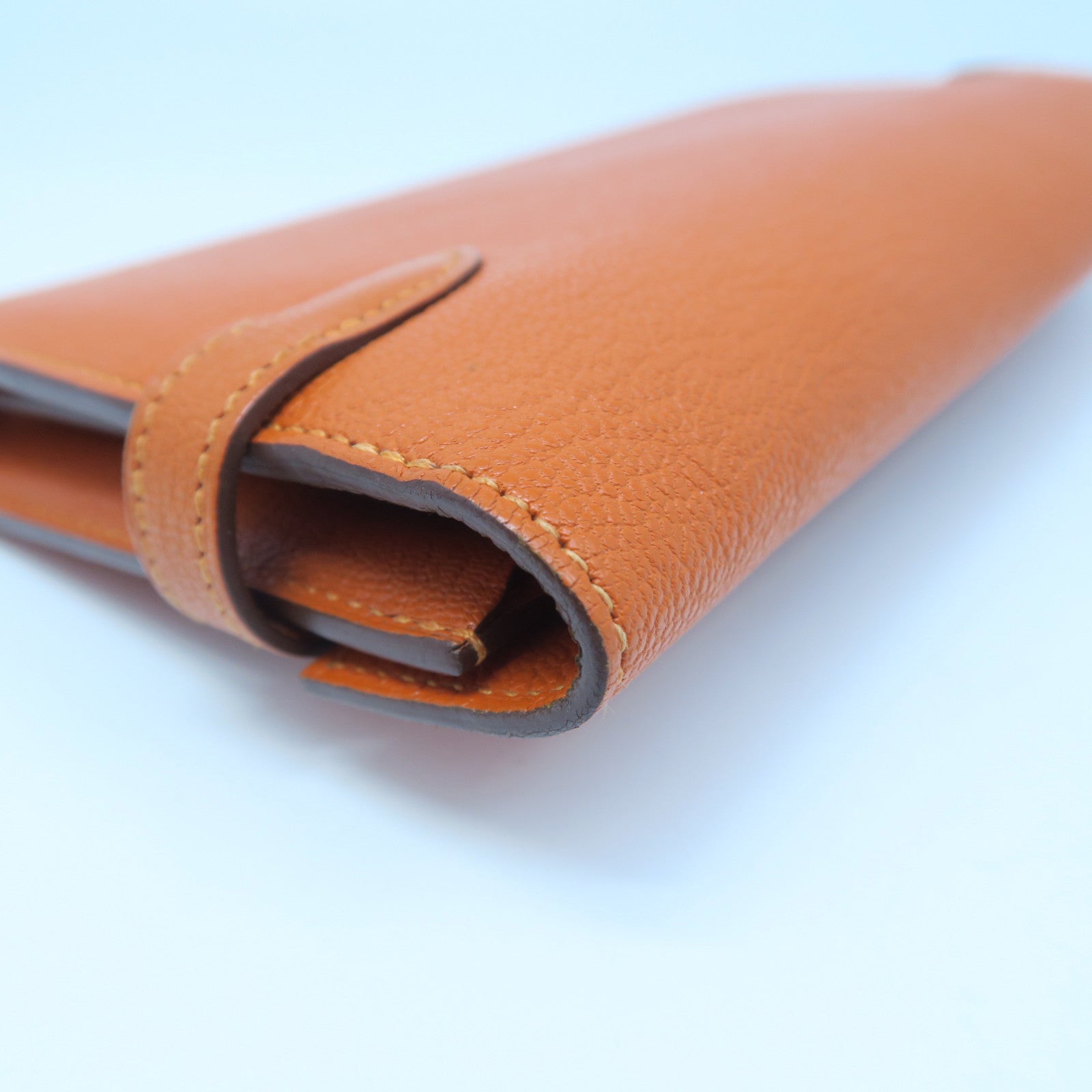 HERMES Chevre Leather Kelly Wallet Silver Buckle Long Wallet Orange