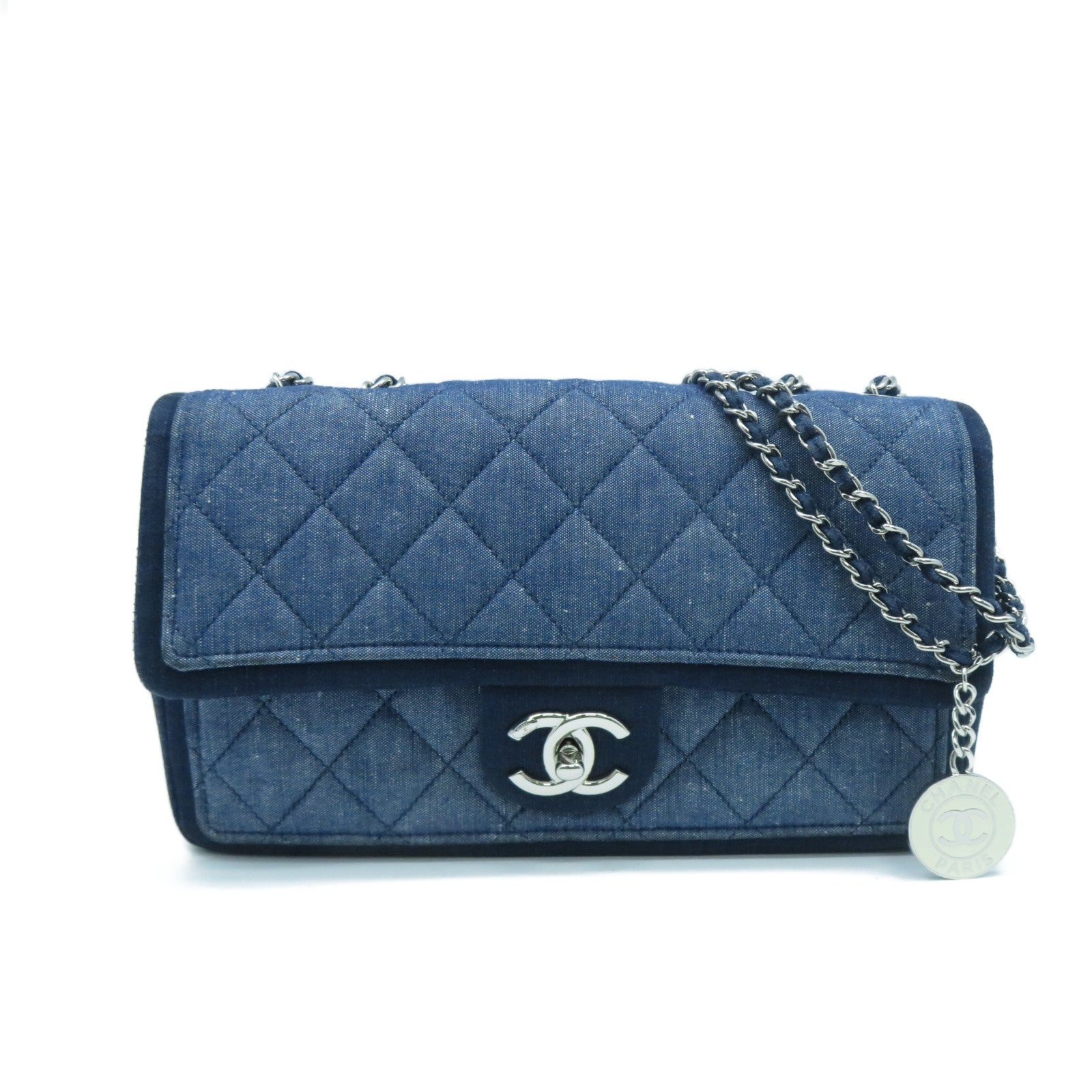 CHANEL 菱格牛仔布Chain Shoulder Bag銀扣鏈帶肩背包藍色