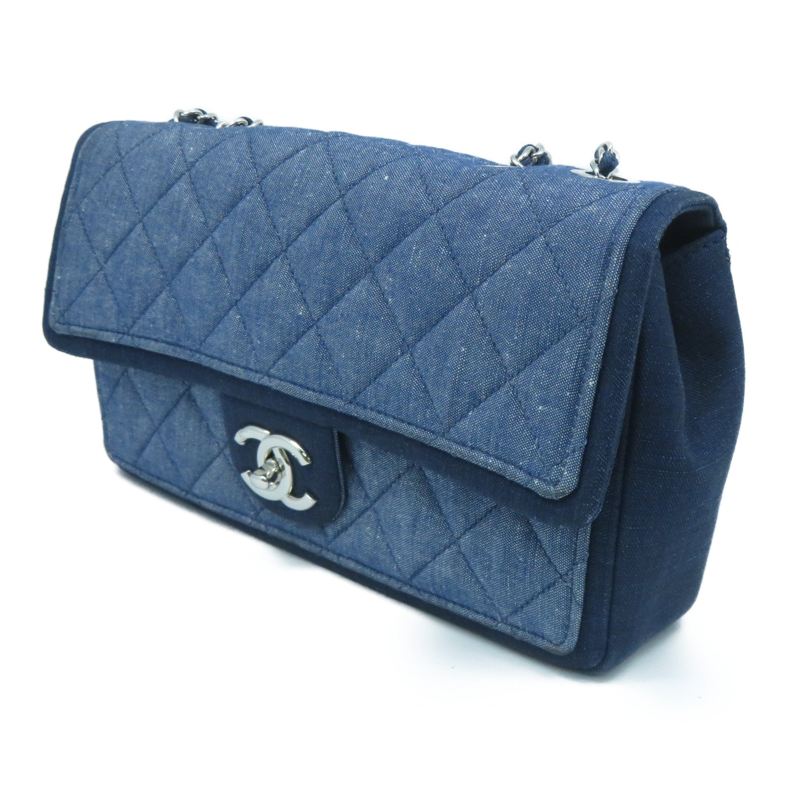 CHANEL 菱格牛仔布Chain Shoulder Bag銀扣鏈帶肩背包藍色