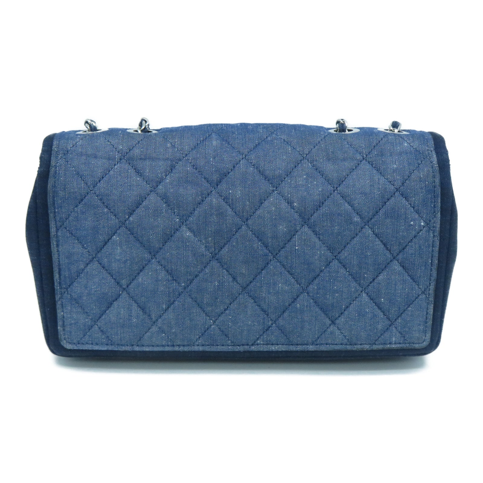 CHANEL 菱格牛仔布Chain Shoulder Bag銀扣鏈帶肩背包藍色